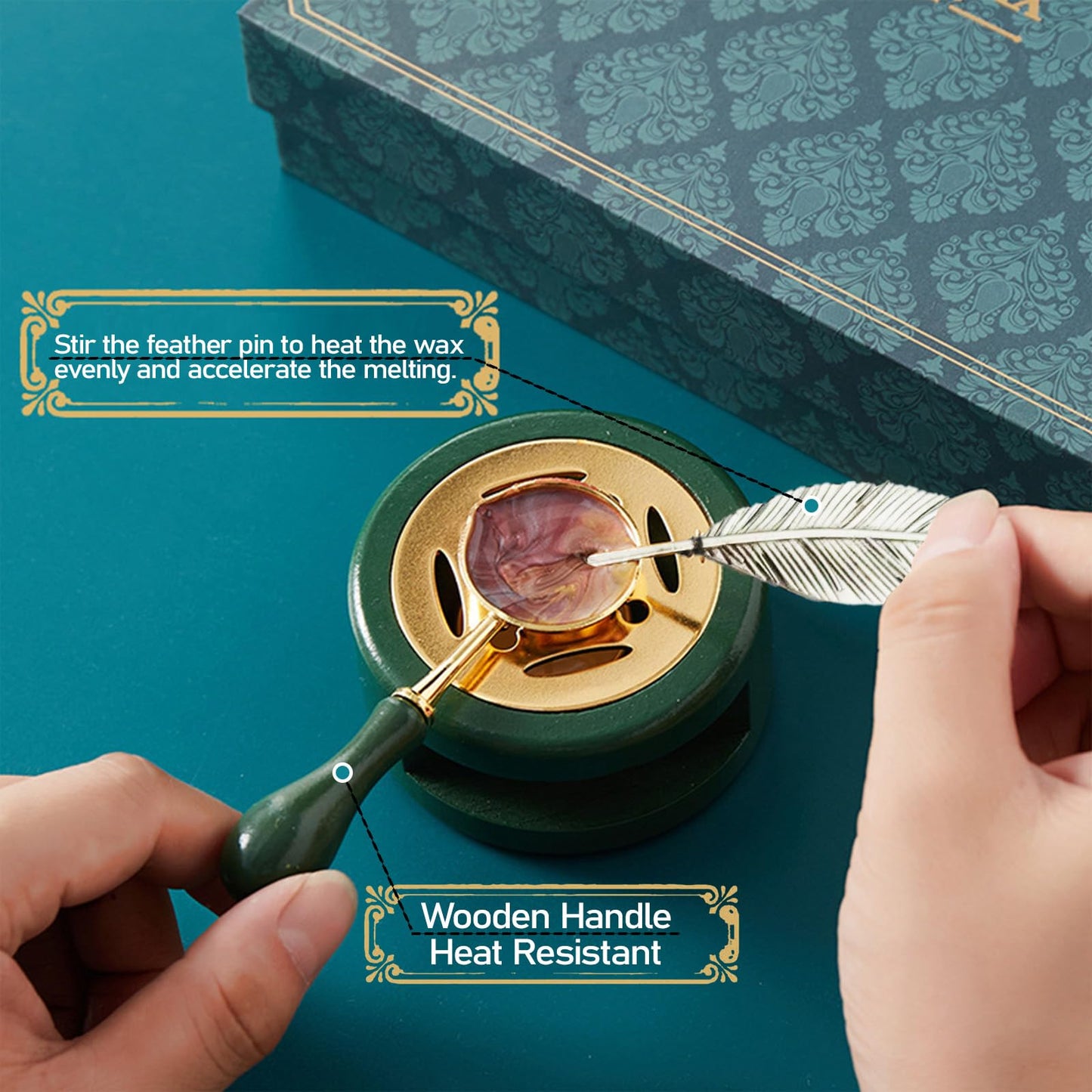 FireBee Wax Seal Kit with Gift Box, 4 Sealing Wax Stamps with Seal Beads, Demold Mat, Stir Pin, Tweezers, Warmer with Melting Spoon Set for Wedding Invitations, Wine Packages, Envelopes