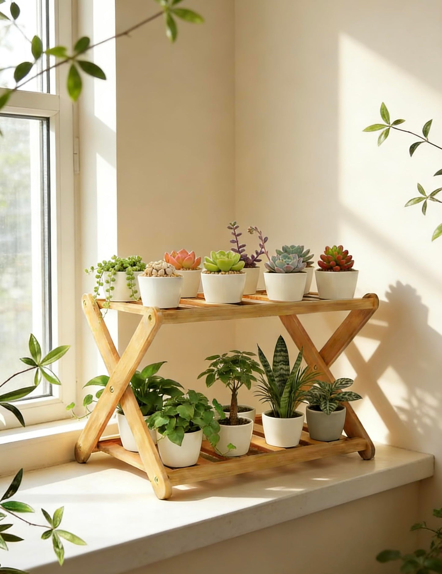 DCAEKUX windowsill plant shelf Indoor 2 Tiers Desktop plant stand Wood Display Stand for cacti & succulent plants Spice Rack Countertop Cupcake