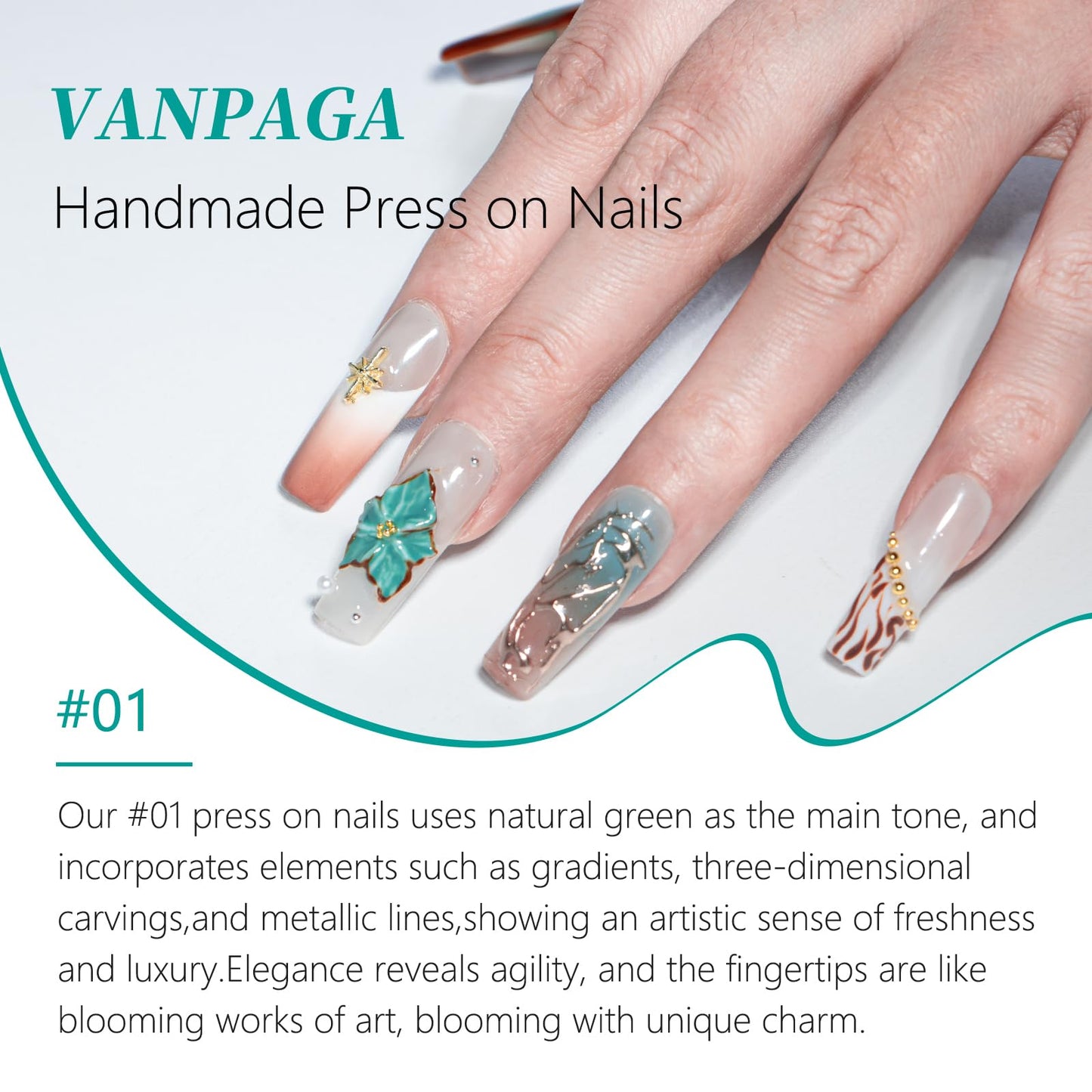 Vanpaga Handmade Square Coffin Press on Nails – Ocean Ombre Blue Bronze Nails with 3D Carved Flower & Gold Foil, Reusable Glossy Stick on Fake Nails, 10pcs Acrylic Nail Set with Tool Kit (Size M)