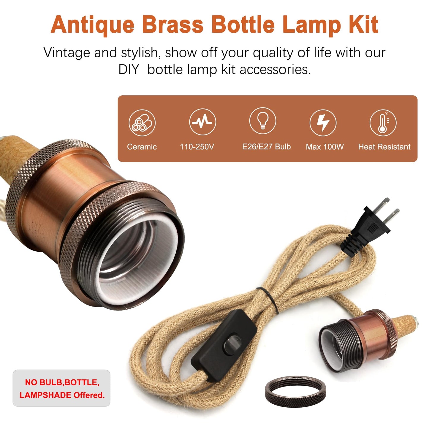 Bottle Lamp Kits, 2 Pack Bronze Bottle Lamp Adaptor Kit, Lamp Kits Do it Yourself, E27 Ceramic Lamp Holder with 95 in Plug and Switch, Brass Table Lamp Kit, Lamp Making kit, with 3 Sizes of Stoppers