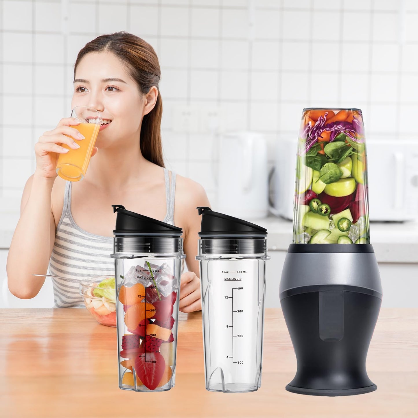 Sonkettek For Ninja Blender Cups 16oz Replacement Parts for Ninja QB3001SS BL770 BL780 BL660 BL740 BL810 QB3000SS, 2 Pack Nutri Ninja Series Blenders 16oz cups with Sip & Seal Lids