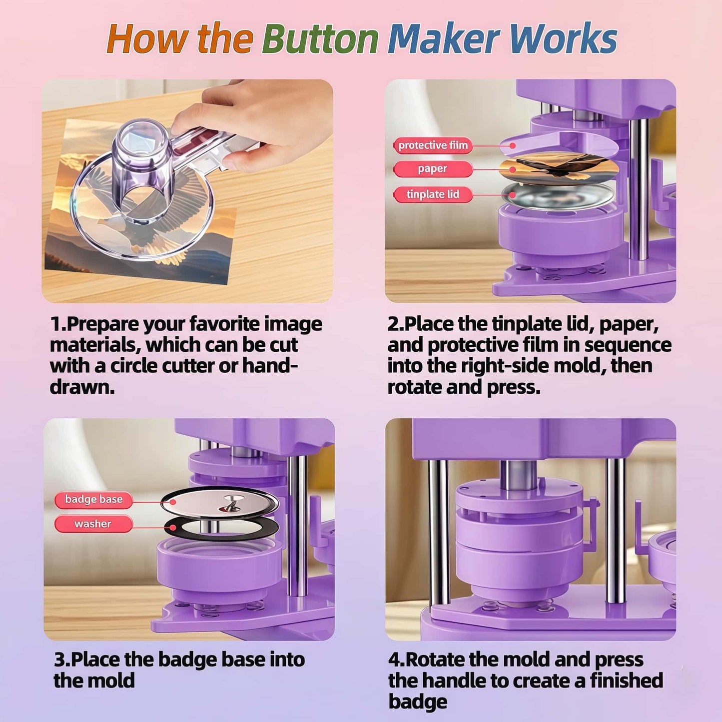 Freeingbag 58mm Button Maker Machine Kit, Installation-Free Button Pin Maker & Pin Maker Machine with 100 Sets Supplies, Circle Cutter & Bonus DIY Accessories for Badges, Crafts & School Projects