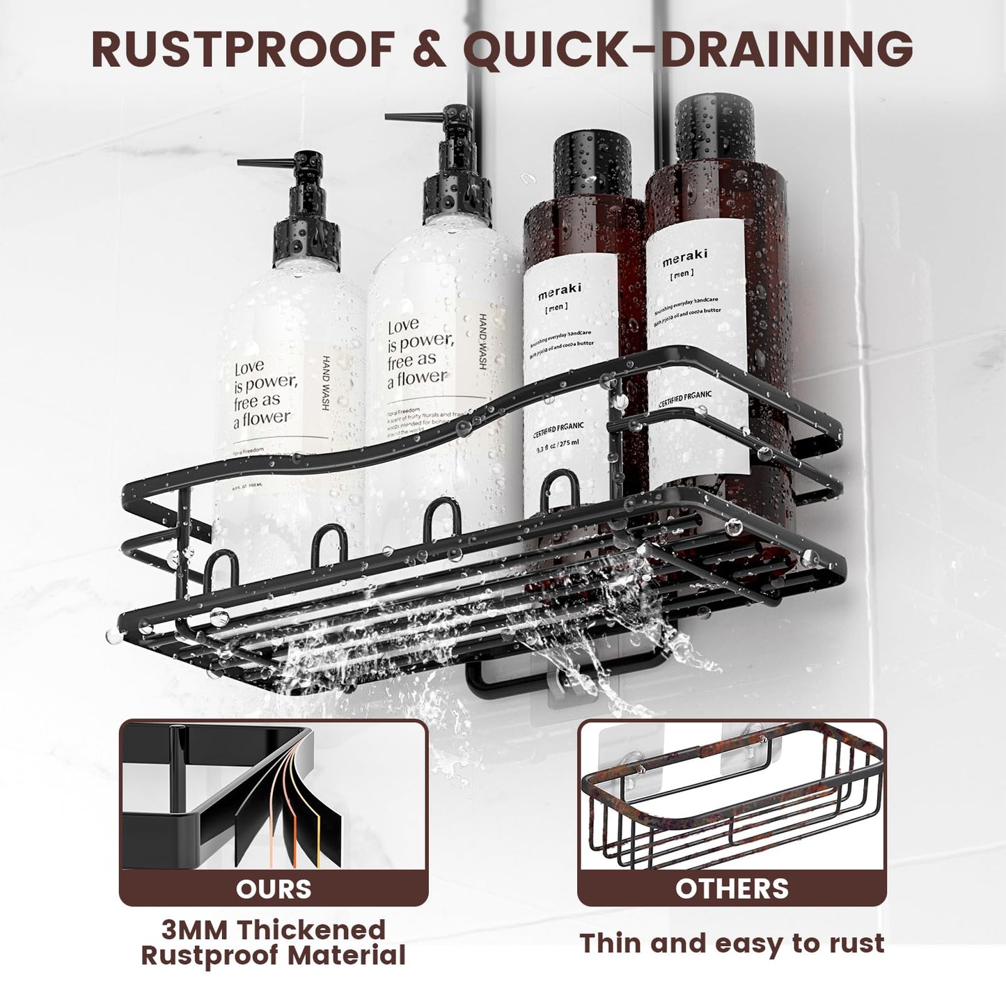 REINHARDT Shower Caddy Hanging, Rustproof Shower Caddy Anti-Swing Shower Organizer Over Showerhead No Drilling Shower Racks with Soap Holder Multi Hooks Bathroom Storage for Shampoo Sponge, Black
