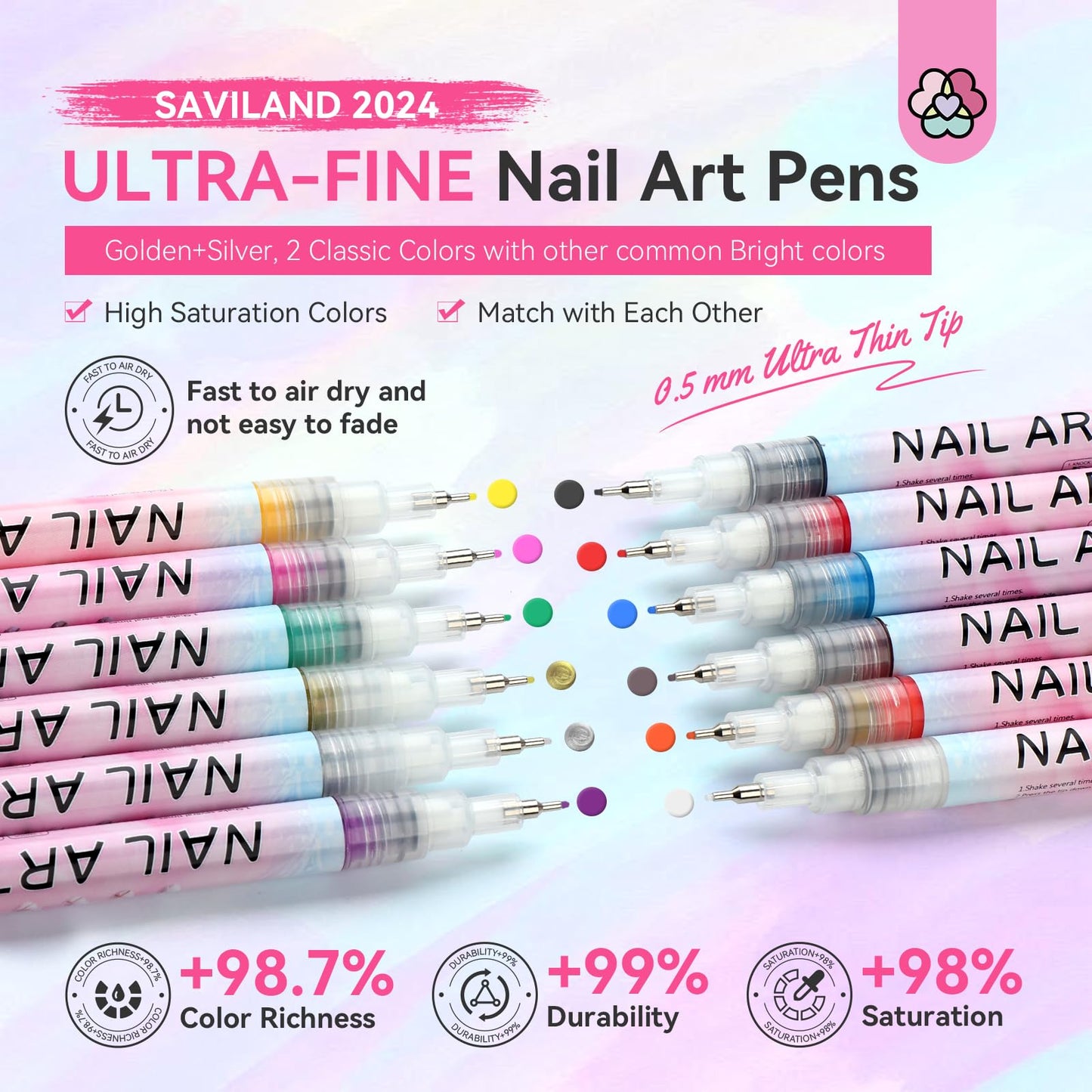 SAVILAND Nail Art Pens Set: 12 Colors 0.5MM 3D Nail Polish Pens Quick Drying Acrylic Paint Nail Art Markers Nail Point Graffiti Dotting Tools Drawing Painting Liner Nail Art Design Pens Home DIY