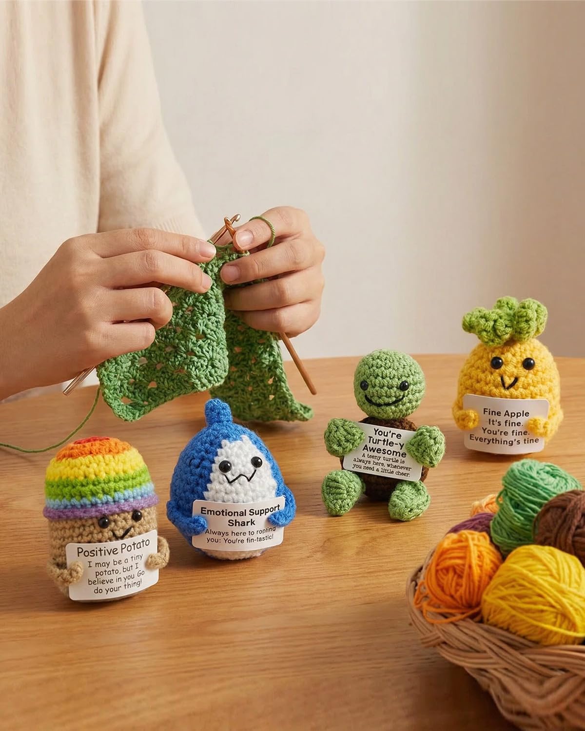 OAOAPLOS Positive Crochet Animals 4 Pcs Set: Handmade Emotional Support Crochet, Whimsical Crochet with Adorable Positive Potato - Meaningful Gift or Home Decor & Gift for her