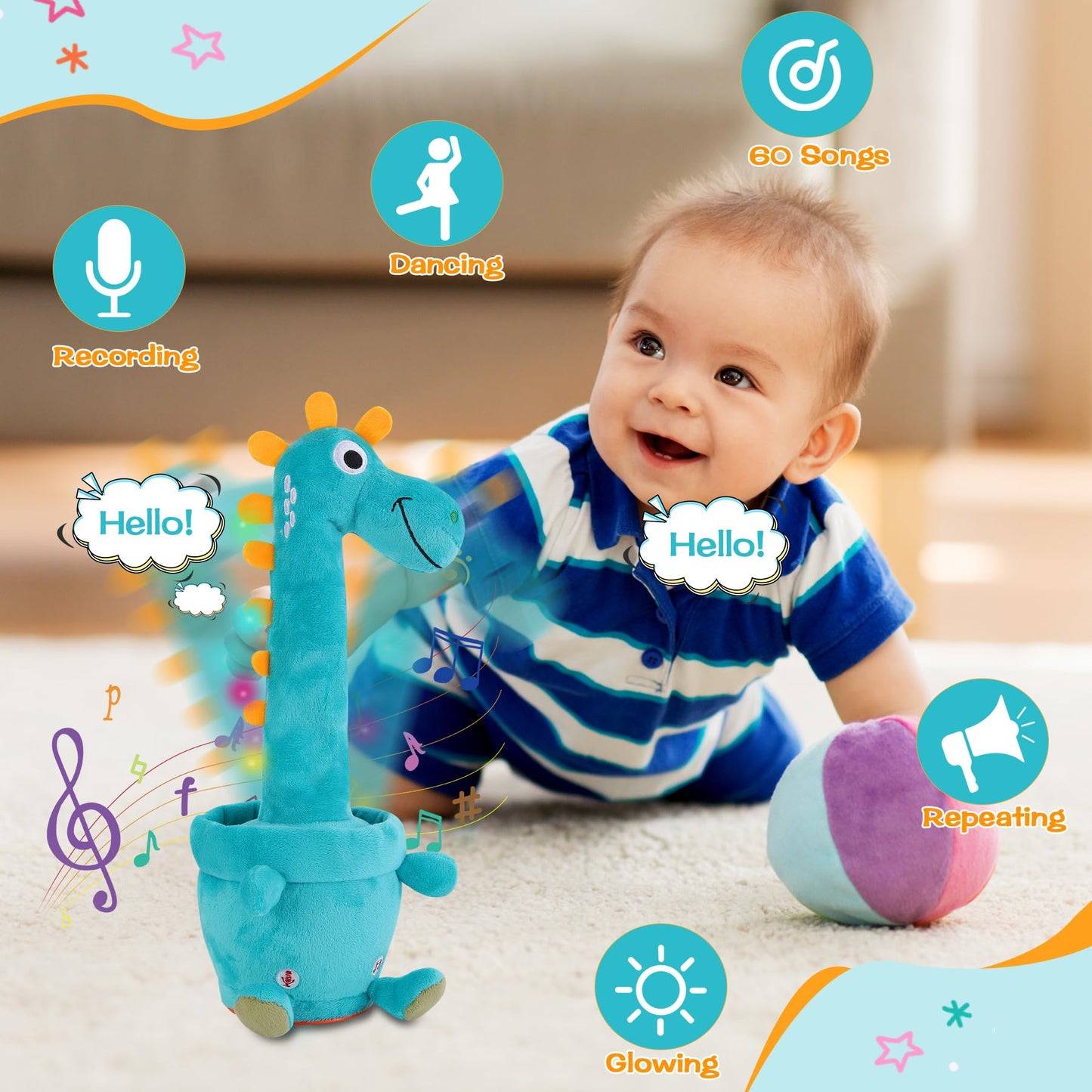 LLUKEME Dancing Talking Giraffe Toy, Stuffed Animal Baby Toy Repeating What You Say, Glowing Musical Electronic Giraffe Gifts for Toddlers 1-3 Years Old (Dancing Dinosaur)