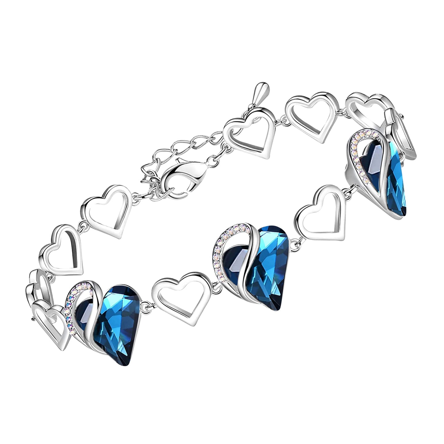 Leafael Infinity Love Heart Gift Bracelet for Women, September Birthstone Crystal, Bermuda Sapphire Blue, Silver Tone, 7-inch Chain and 2-inch Extender