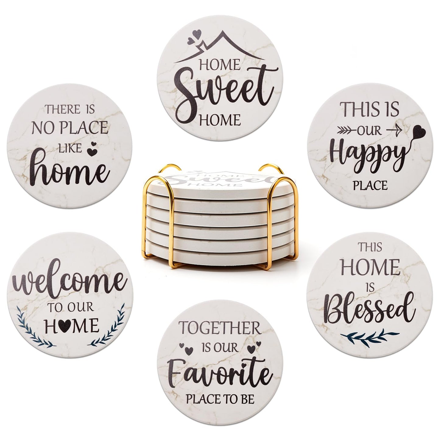 Housewarming Gifts for New Home Coasters Farmhouse Coffee Table Decor Set of 6 Pack Ceramic Cup Coaster Modern House Warming Gift Decorations Coster Cute Marble Drink Coasters Set