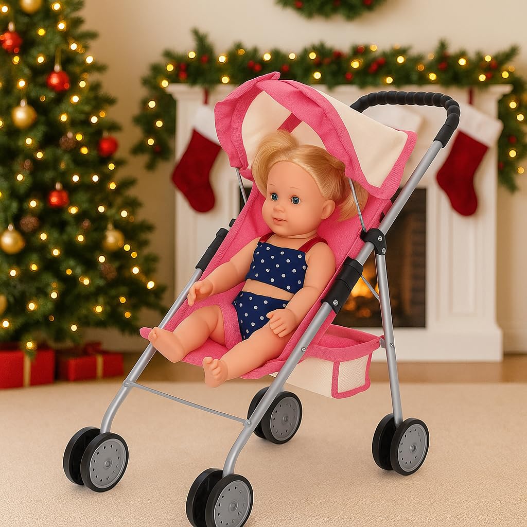 fash n kolor My First Doll Stroller with Basket - Pink Off-White Foldable Doll Stroller - Fits Upto 18" Dolls, 2 Free Magic Bottles Included