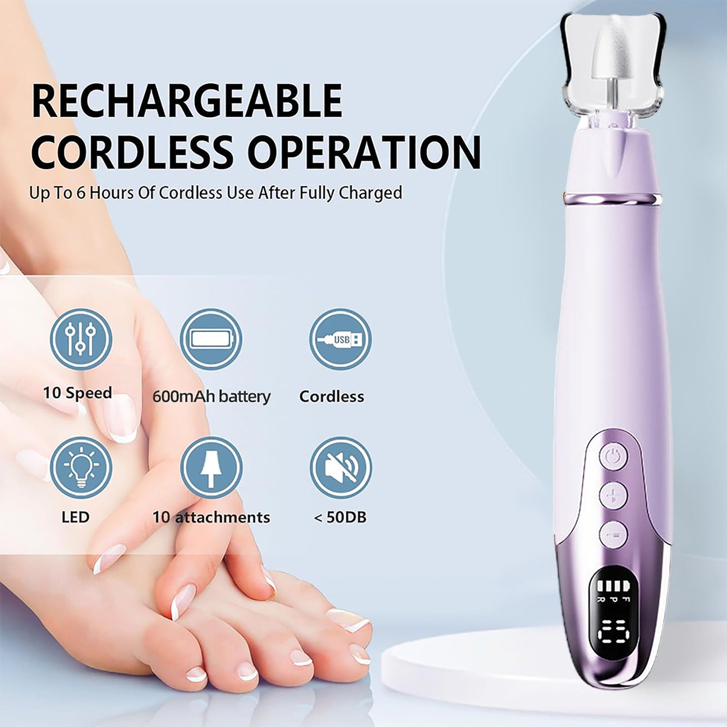 Cordless Electric Nail Drill Set: Professional Nail Filer with LCD & LED Lamp, Rechargeable Manicure-Pedicure Tools for Hand & Foot Care, for Thick Nails, Toenails & Cuticle Care (Purple)