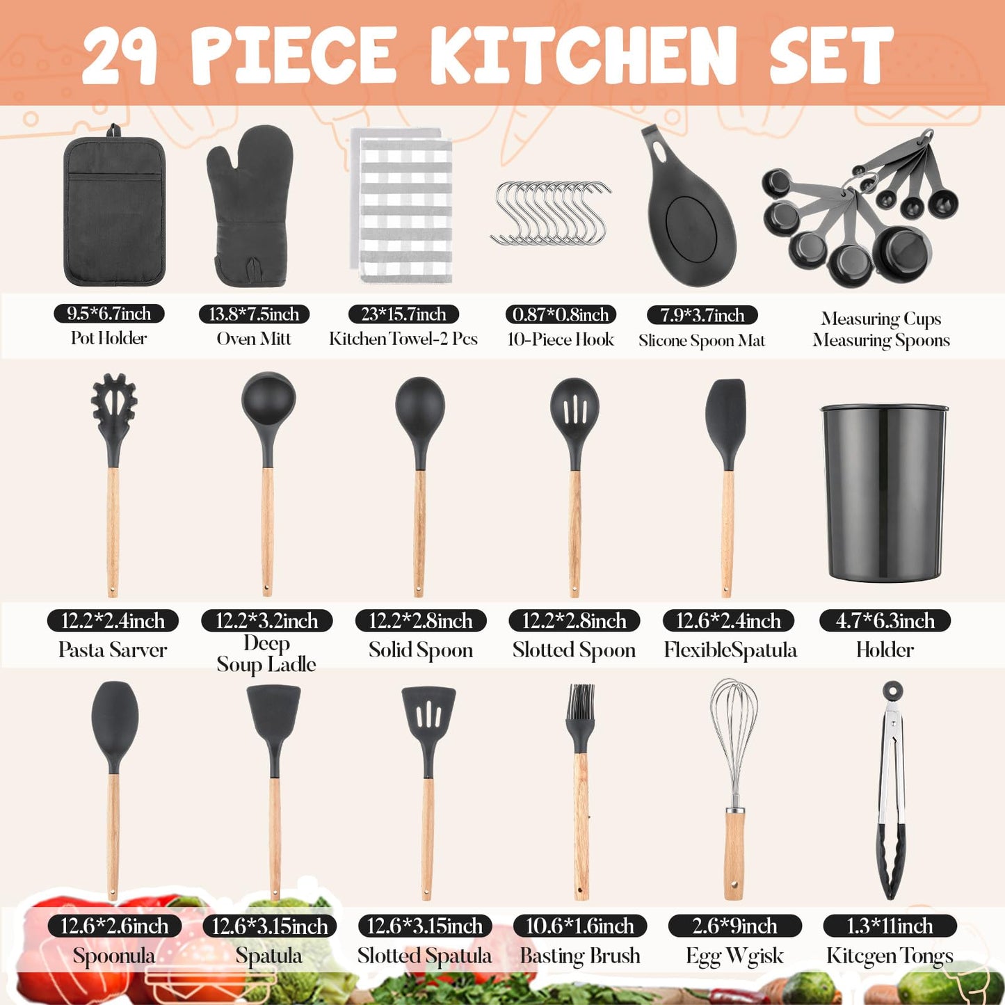 Hillsuren 37 Pcs Oven Mitts and Pot Holders with Silicone Kitchen Utensils Set Silicone Cooking Utensils Set with Holder, Kitchen Towels, Heat Resistant Gloves for Christmas Baking Cooking(Dark Gray)