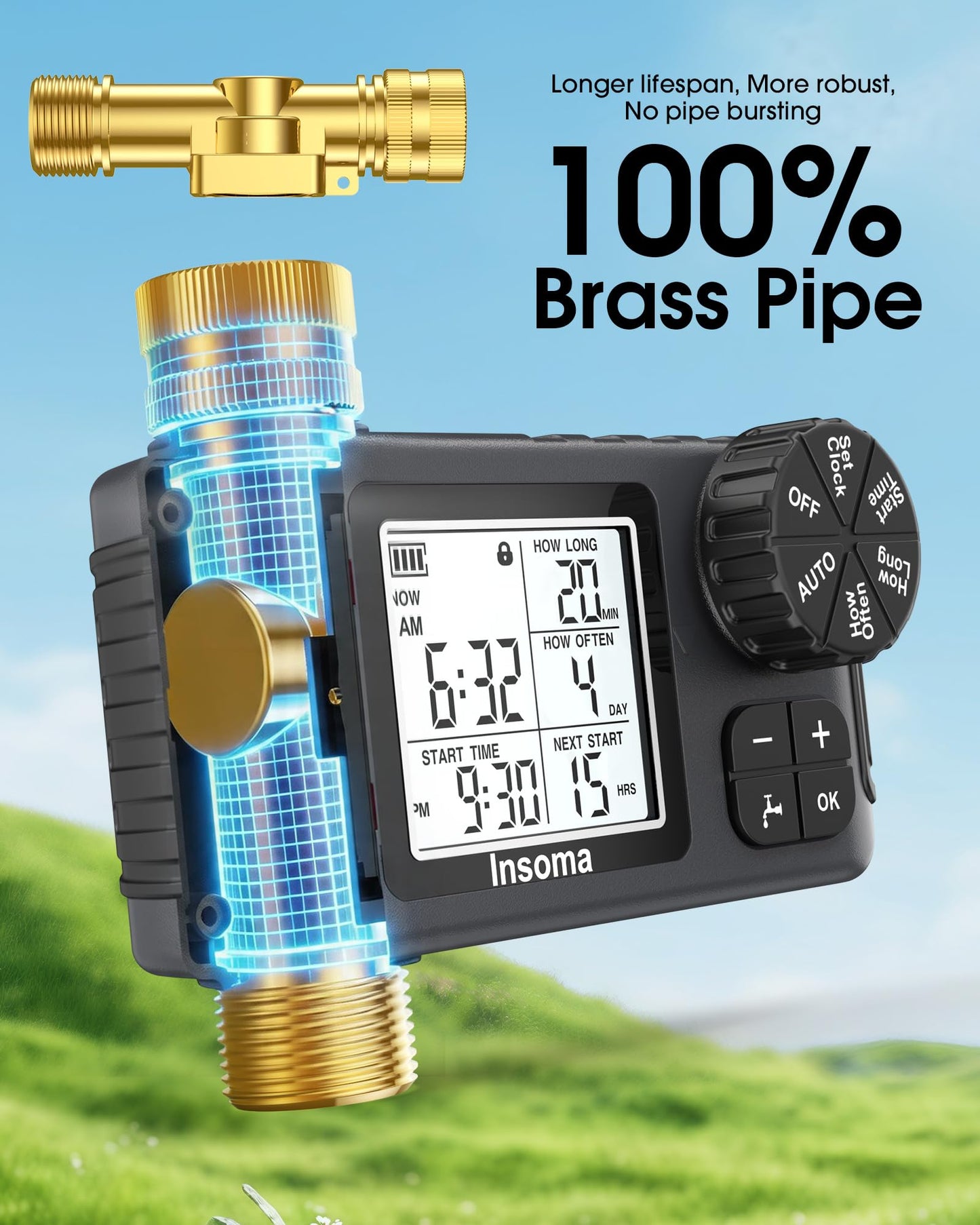 Water Timer for Garden Hose with 100% Metal Pipe, Programmable Sprinkler Controller for Garden Faucet with Auto/Manual/Rain Delay Mode, Irrigation Timers for Lawn, Yard, Outdoor Plants