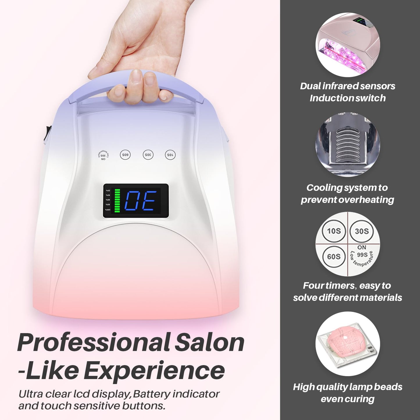 BIDUO 96W Cordless UV LED Nail Lamp, Periwinkle to Pink Gradient | 52 Beads Quick Dry with Remote | 4 Timer Settings & Auto Sensor | Rechargeable Gel Nail Light for Manicure Pedicure