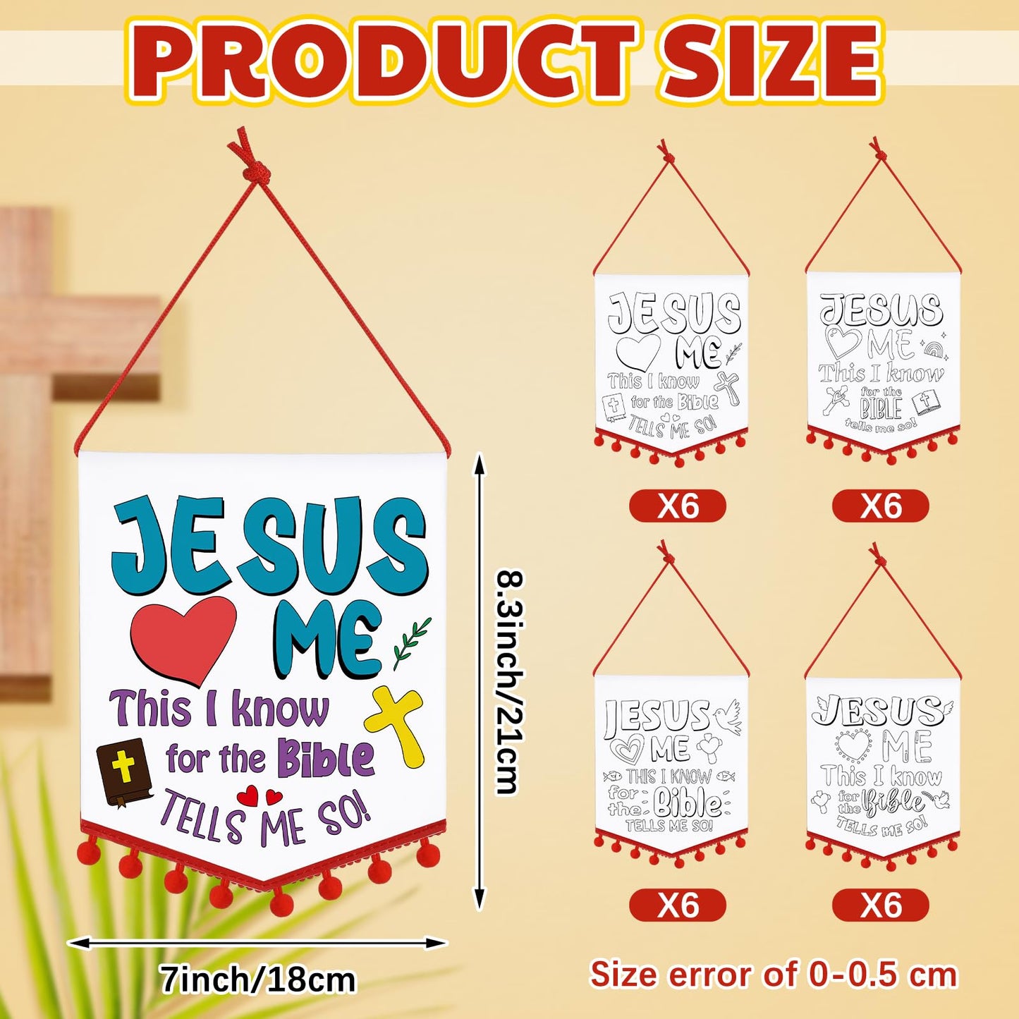 VitalCozy 24 Sets First Communion Banner Kit Sunday School Christian Crafts for Kids Color Your Own Religious Banners for Kids DIY Jesus Loves Me Banners, Sunday School Party Favor Game Activities