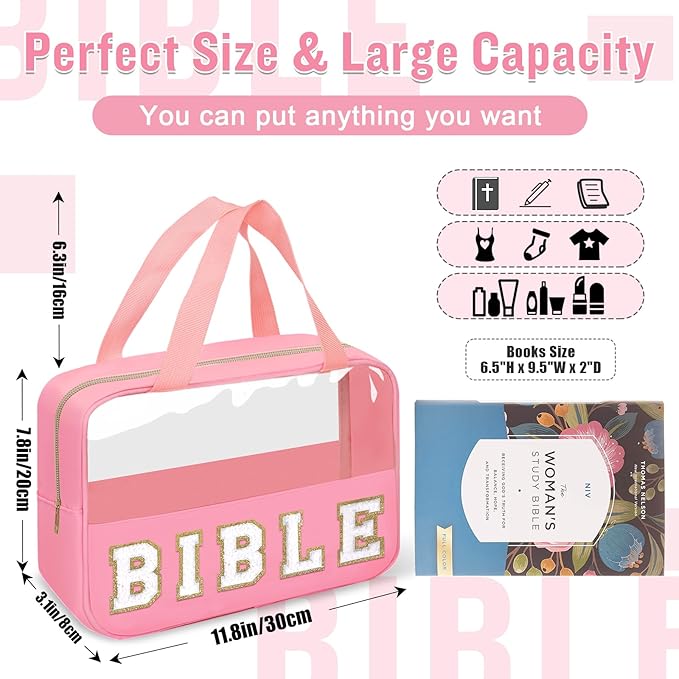 Chenille Letter Bible Bag Cover Case for Women,Preppy Bible Study Supplies Church Bag Purse Bible Accessories with Handle Zipper,Waterpoof Travel Makeup Bag Christmas Christian Gifts(BIBLE-Pink)