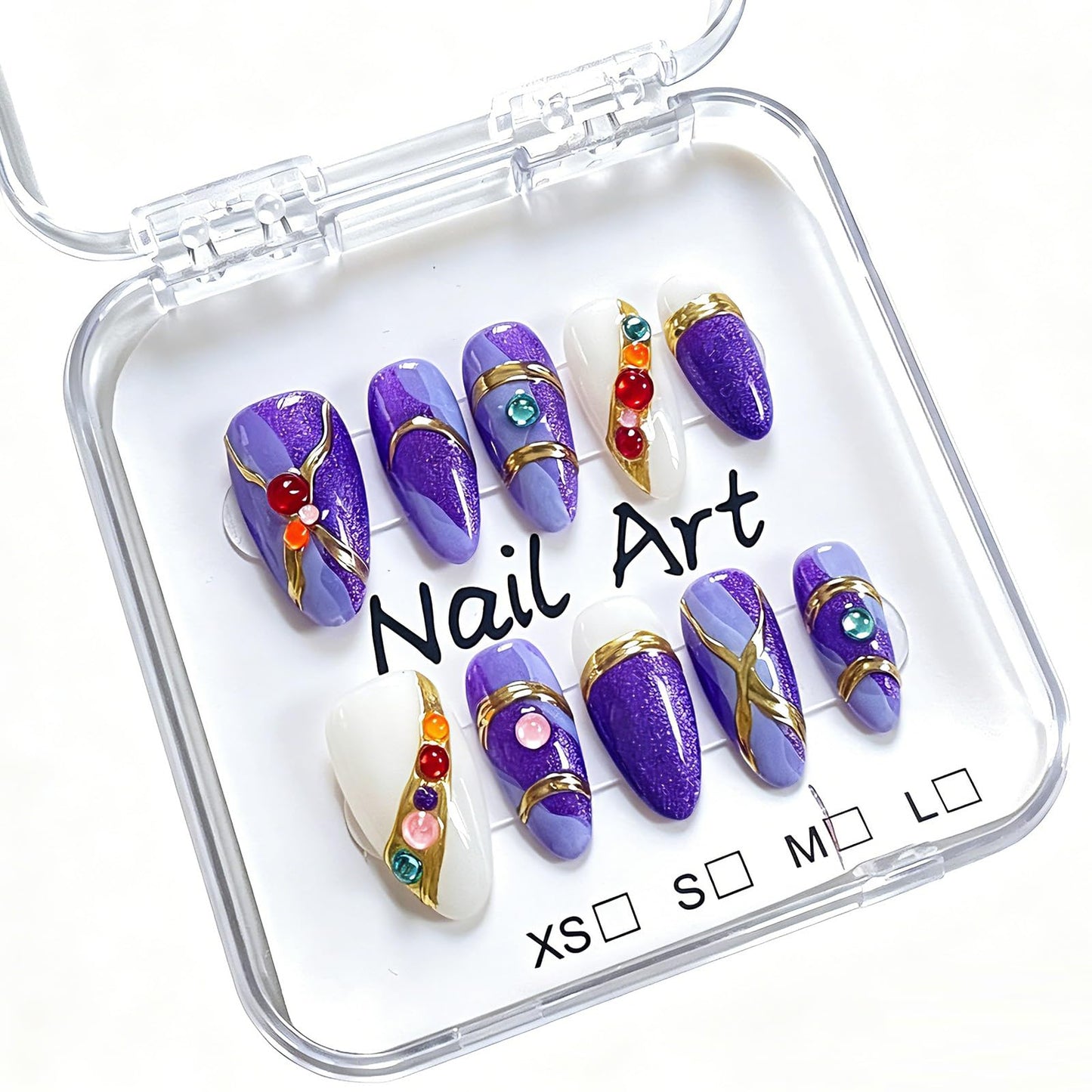 French Press on Nails Almond Handmade, Purple Glitter Metal Gemstone Luxury Romantic Date Style for Women 10 Pcs(Size M)