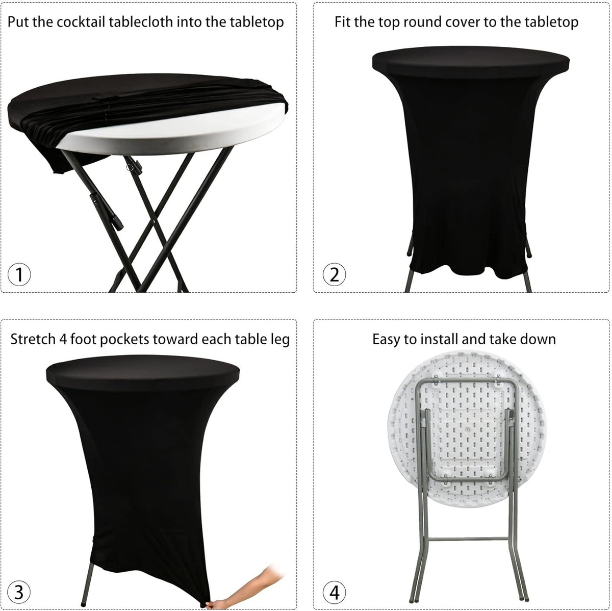 4 Pack Cocktail Spandex Tablecloth 32"x43" Cocktail Table Cover Fitted for High Top Round Table for Bar Wedding Birthday Party Banquet (Black)