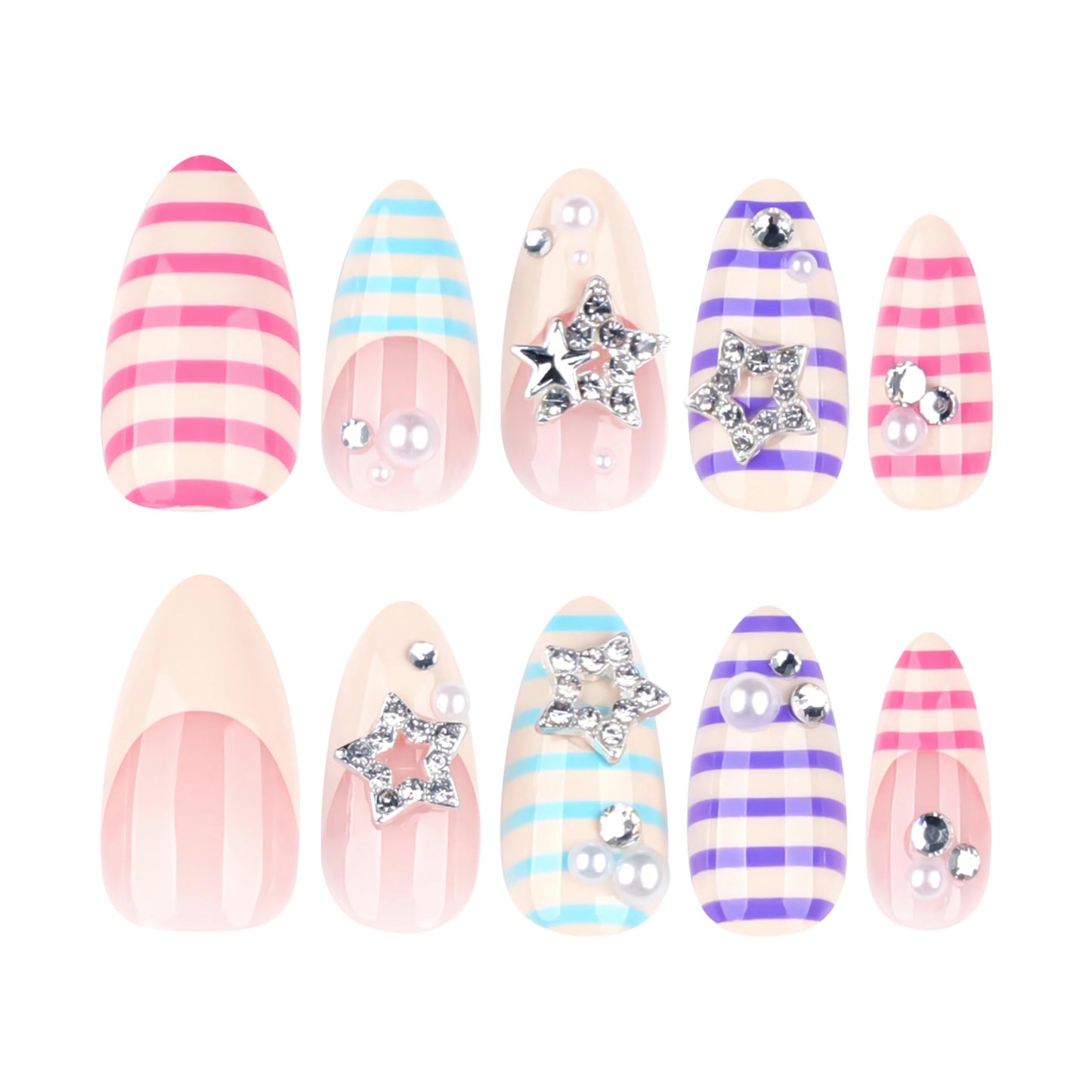 BABALAL Stripe Press on Nails - Medium Almond Fake Nails, Colorful Summer Design with Star Charm, Cute Y2K Salon Manicure Set 24PCS