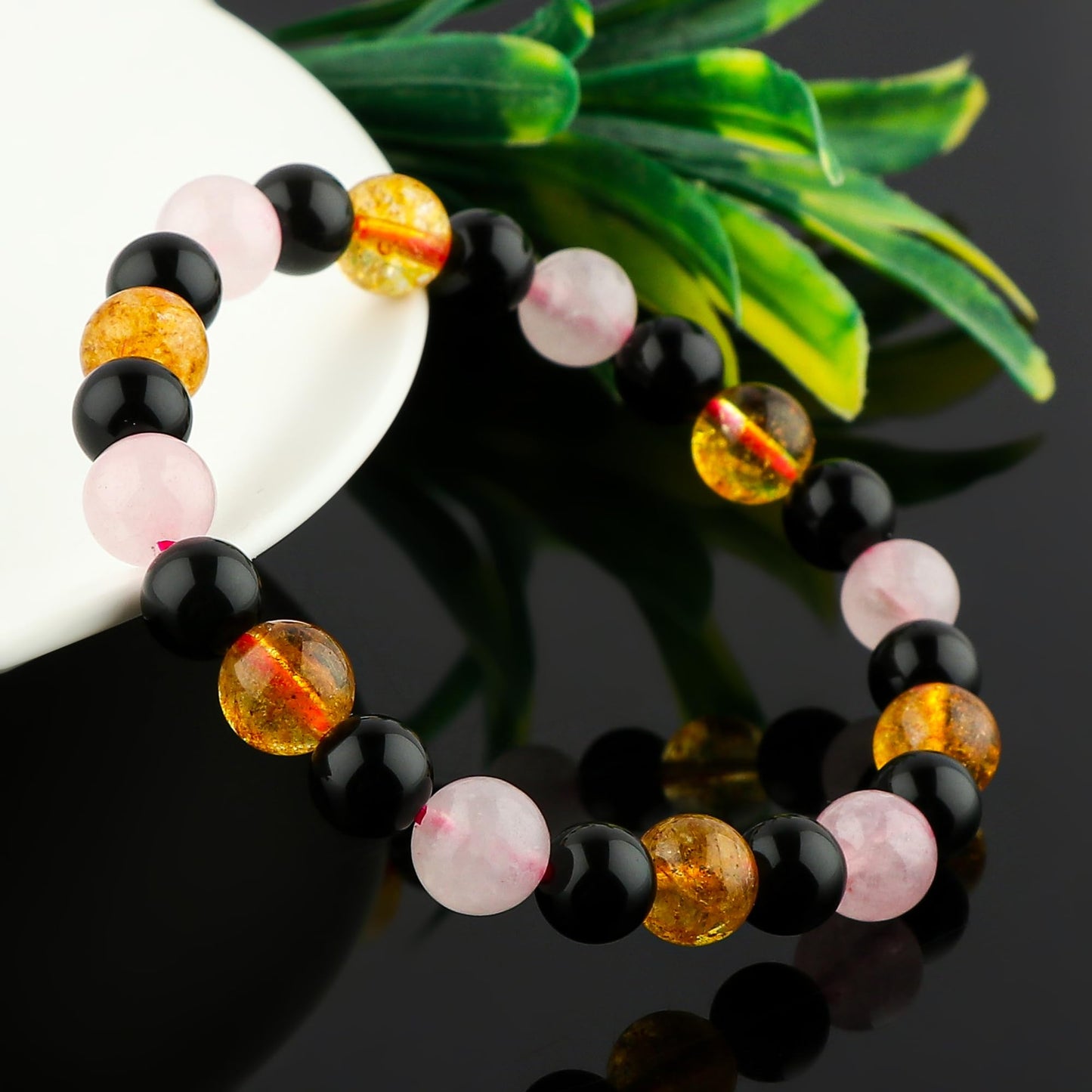 CRYSTALINES Triple Crystal Ultimate Money Bracelet, Rose Quartz - Citrine - Black Obsidian Stretchable Bracelet, Motivational Inspirational Health Chakra Healing Stretch Elastic Bracelets
