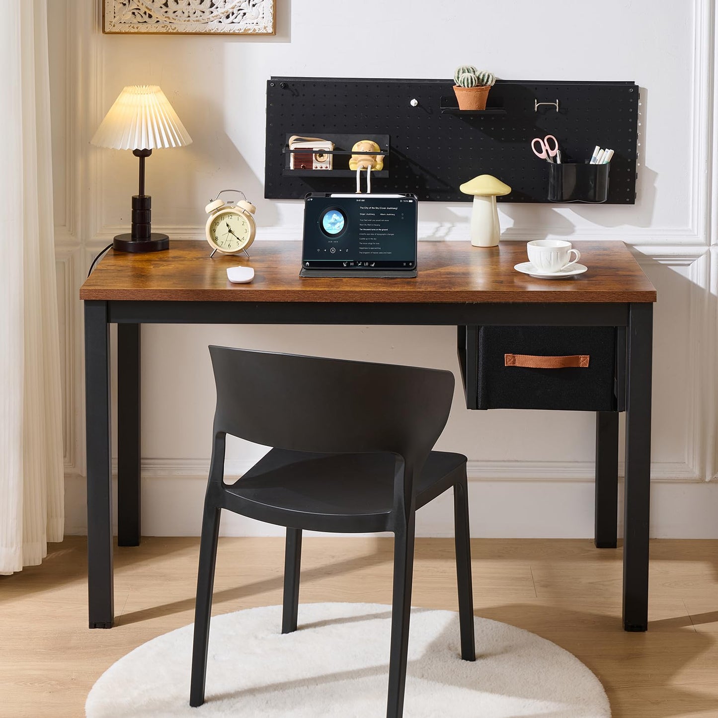 Ingdgnoso Computer Desk with Drawer, 47 Inch Home Office Work Desks, Modern Writing Study PC Desk Gaming Table for Small Place Bedroom, Thickened Tabletop and Stable Metal Frame Leg（Rustic Brown）