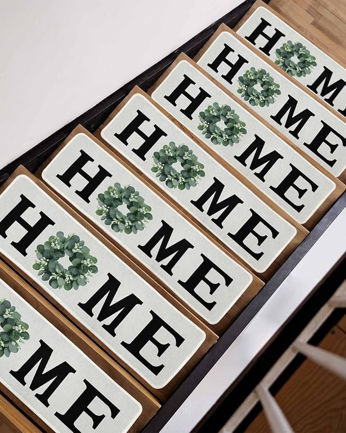 Carpet Stair Treads for Wooden Steps 15 Pack, Home Green Eucalyptus Leaves Garland Soft Peel and Stick Stair Treads, Retro Linen Non Slip Carpet Mat for Kids Elder Pet