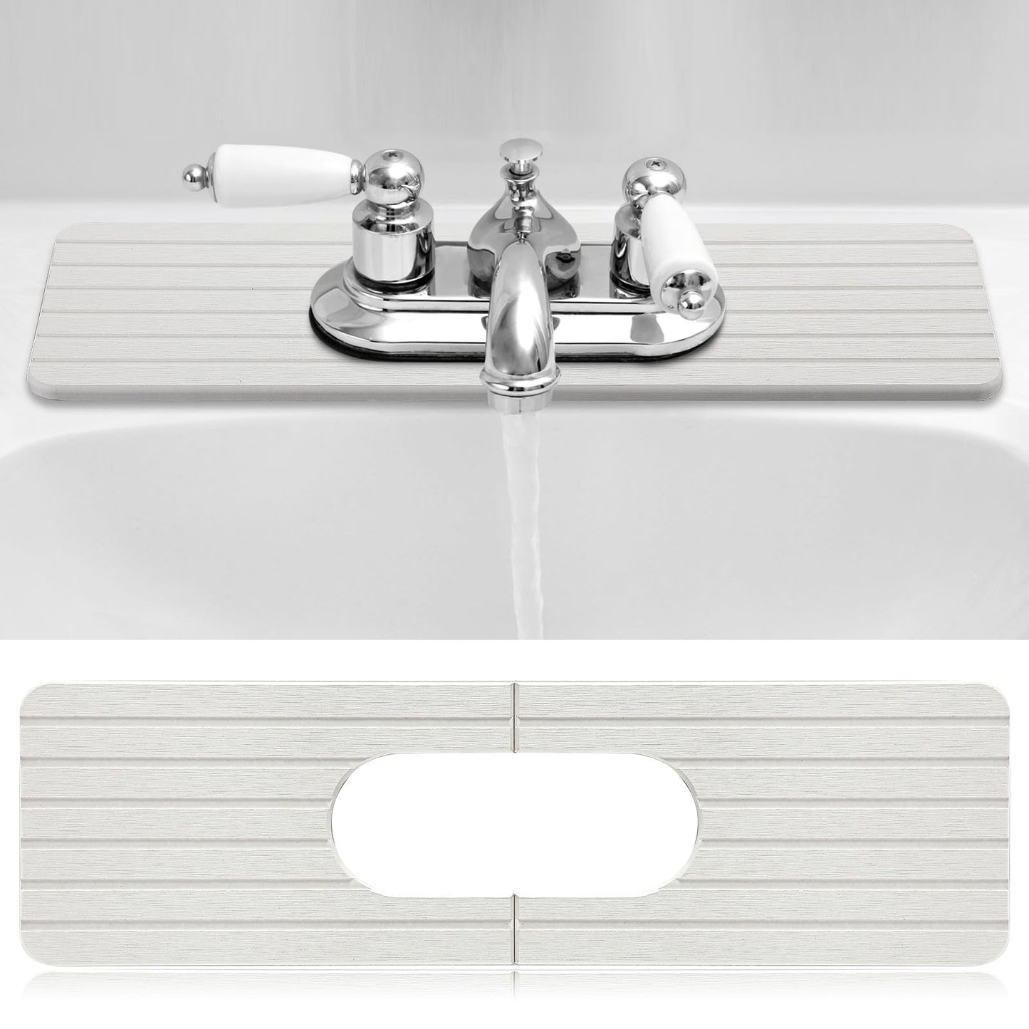 Funnymoom Stone Faucet Mat Sink Splash Guard, 24" Diatomite Quick Drying Stone Faucet Mat, Super Absorbent, Kitchen Sink Oval and Round Splash Tap Pad for Bathroom Counter & Kitchen(White)