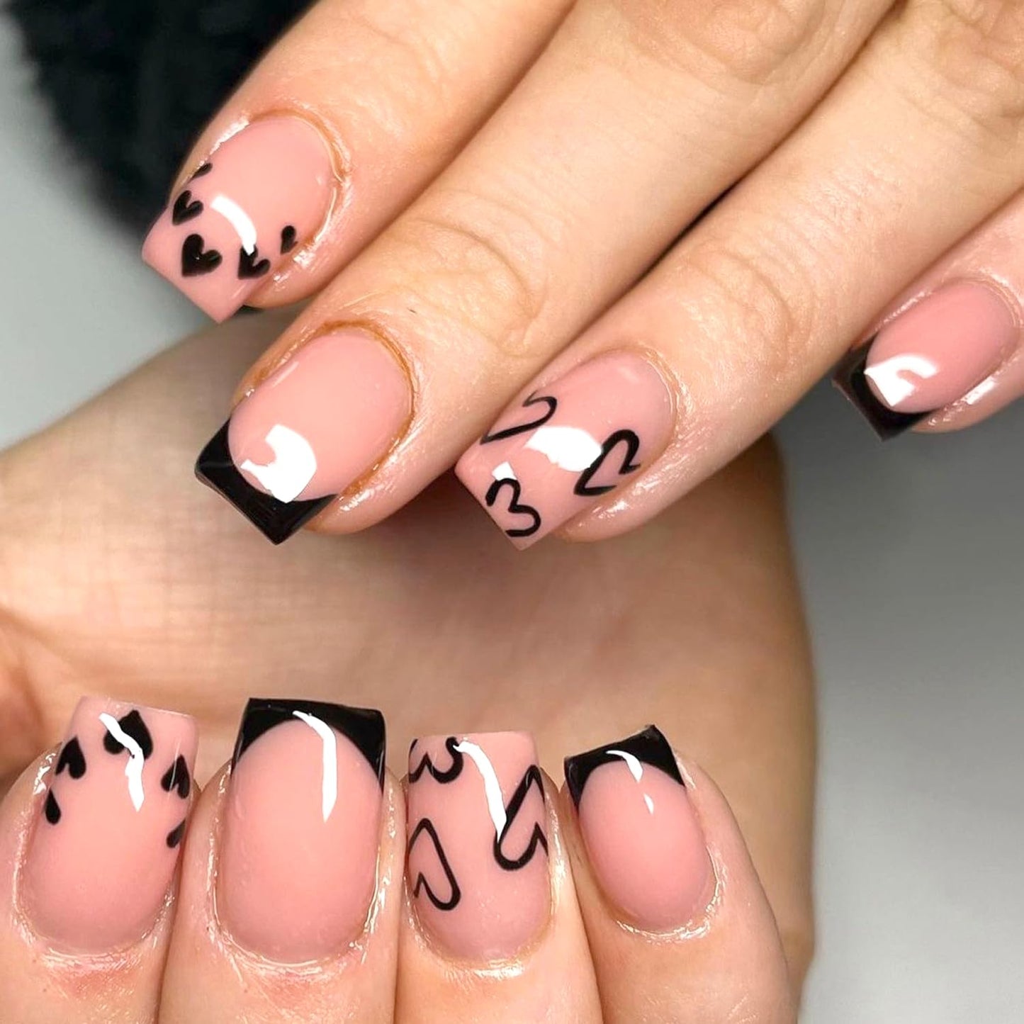 24Pcs Valentines Press on Nails Short Square Black French Tip Fake Nails Black Love Designs False Nails Nude Pink Glossy Full Cover Cute Heart Artificial Glue on Nails for Women Holiday Manicure Decor