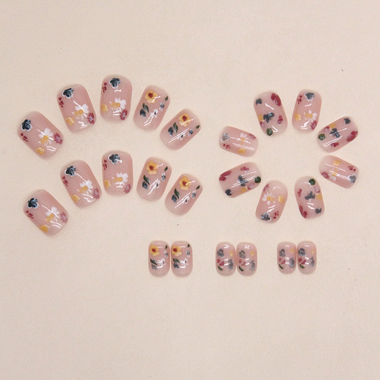 Spring Press on Nails Short Square Fake Nails Nude Nails Press ons Glossy Glue on Nails Cute Acrylic Nails Summer False Nails with Flower Designs Artificial Stick on Nails for Women 24Pcs