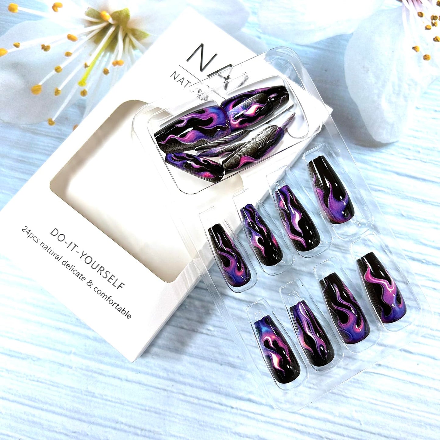 CJDLTS Purple Flame Press on Nails Medium Ballet Shaped Black Acrylic False Nail Full Cover Glossy Artificial Stick on Nail Ballet Press Ons Artificial Fingernails Reusable Glue on Nails for Women