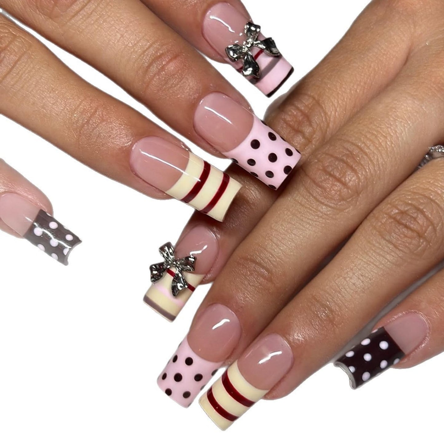 Long Press on Nails Square Fake Nails Pink Artificial Nail Brown Polka Dot Stripe Bow Charm Glossy Stick on Nail Sweet Retro Salon Look for Women 24pcs