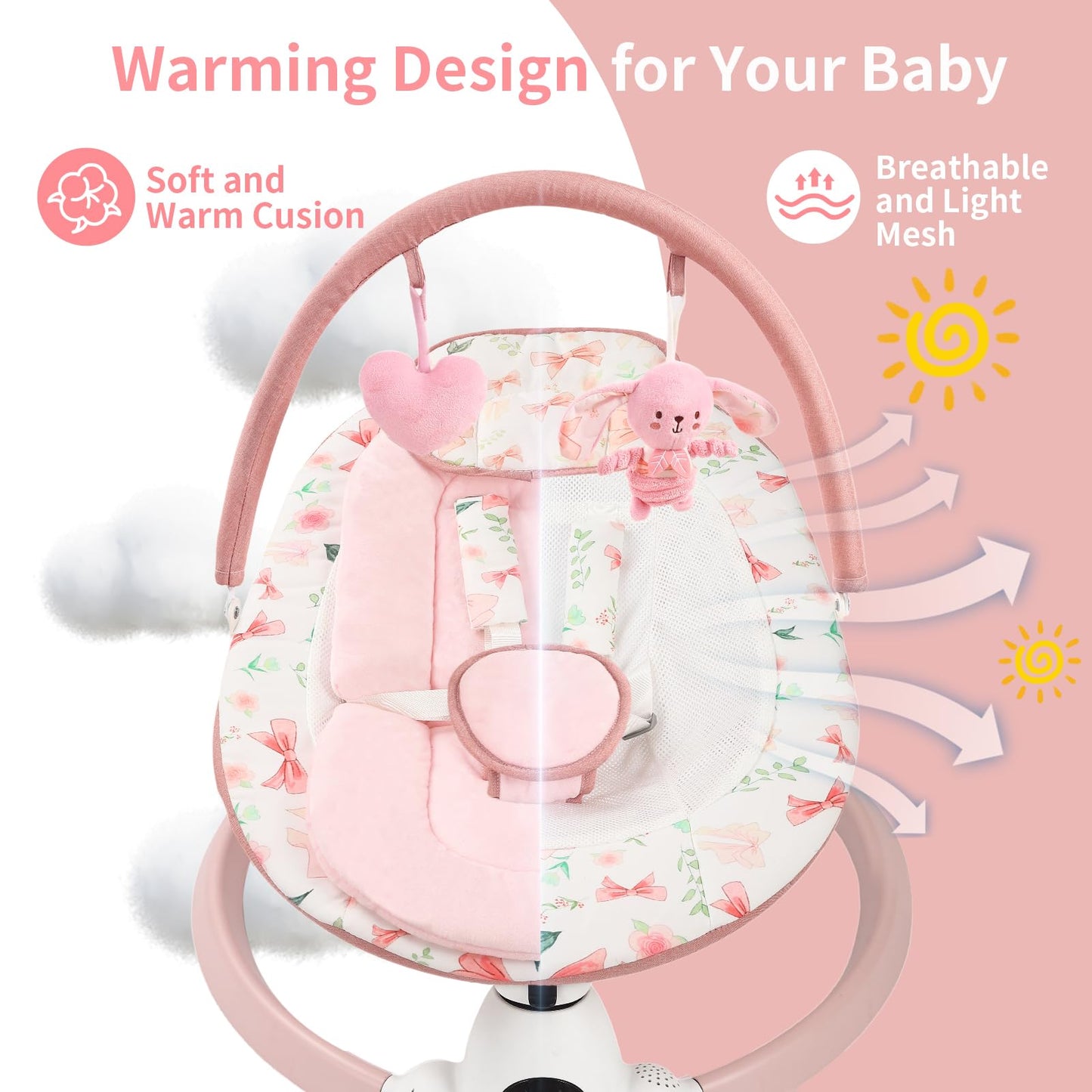 Baby Swing for Infants with 5 Swing Speeds, Portable Electric Baby Swing with Bluetooth, Remote Control & Touch Panel, 5-Point Harness, Indoor & Outdoor Use, Pink
