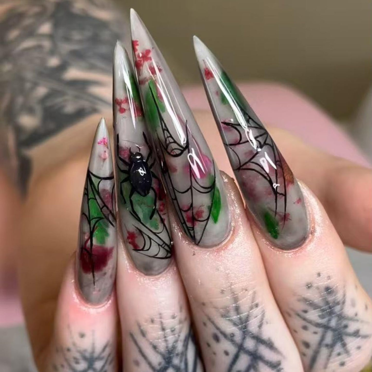 IMRAIN Press on Nails Long Stiletto Fake Nails with Spider Web Designs, Cat's Eye Glossy Glue on, Artificial, Acrylic, Full Cover False Nails for Women Manicure 24Pcs