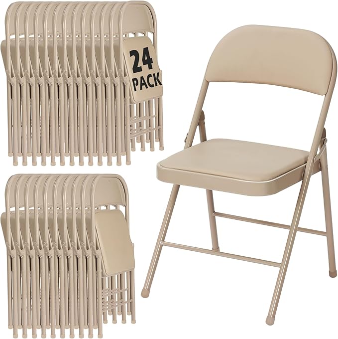 24 Pack Khaki Folding Chairs with Padded Cushion for Outside, Portable Stackable Commercial Metal Foldable Chairs with Steel Frame for Home Events Office Wedding Party, 350lbs Capacity