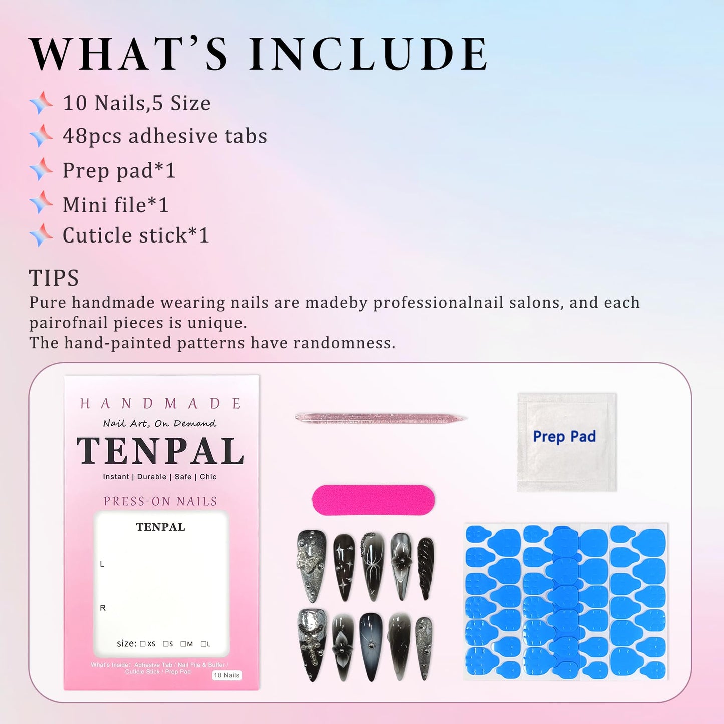 TENPAL Handmade Press on Nails Long Stiletto - Gothic Cat Eye Blushing Ombre Fake Nails with 3D Chain Design | Ultra Thin Flexible False Nails with Tools| Dark Stiletto Y2K Nails For Women Girls(L)
