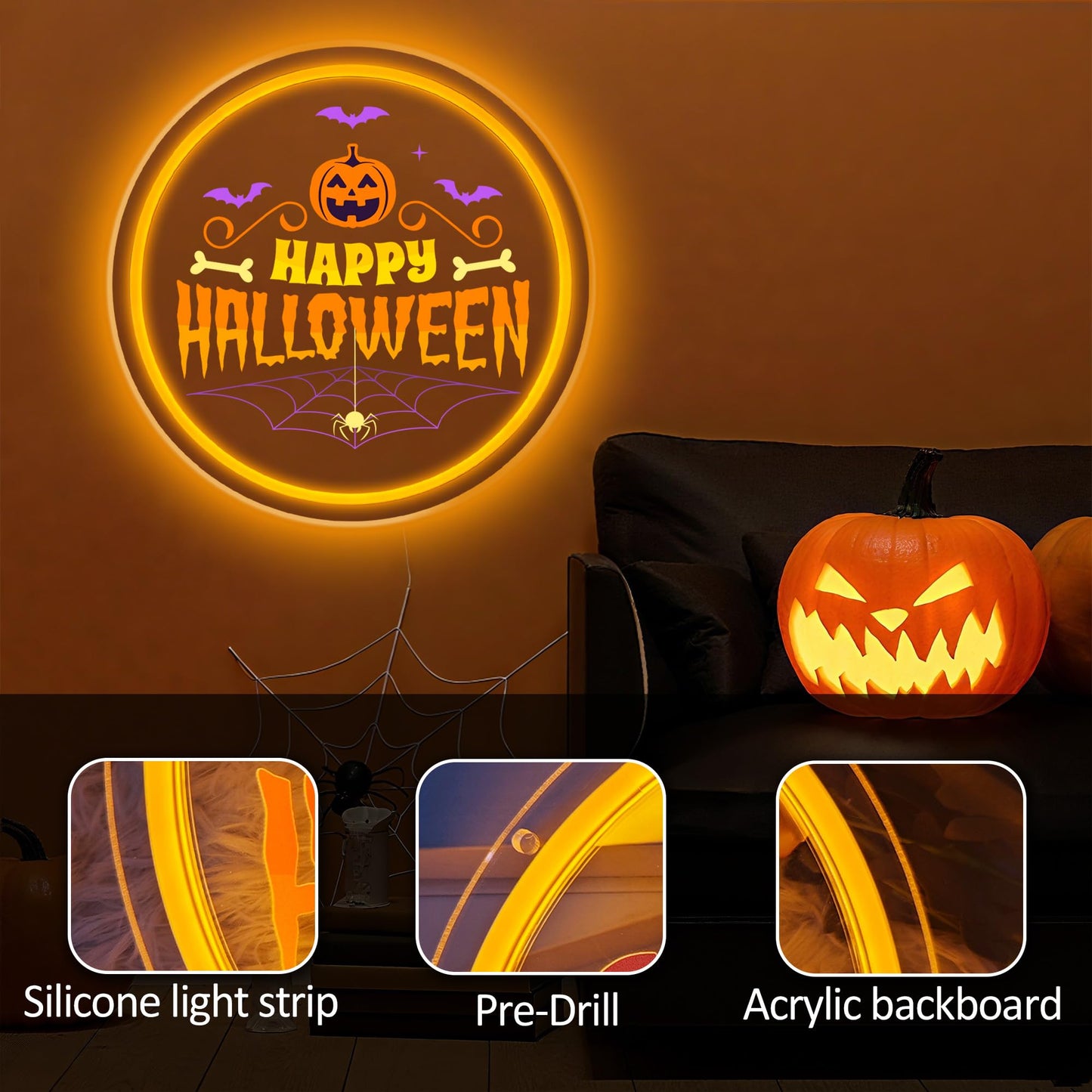 Happy Halloween Neon Sign, Round Pumpkin LED Wall Light with Spider Web and Bats, Halloween Party Wall Decor, Adjustable Brightness Neon Lamp with Mounting Kit 11.6" × 11.6"