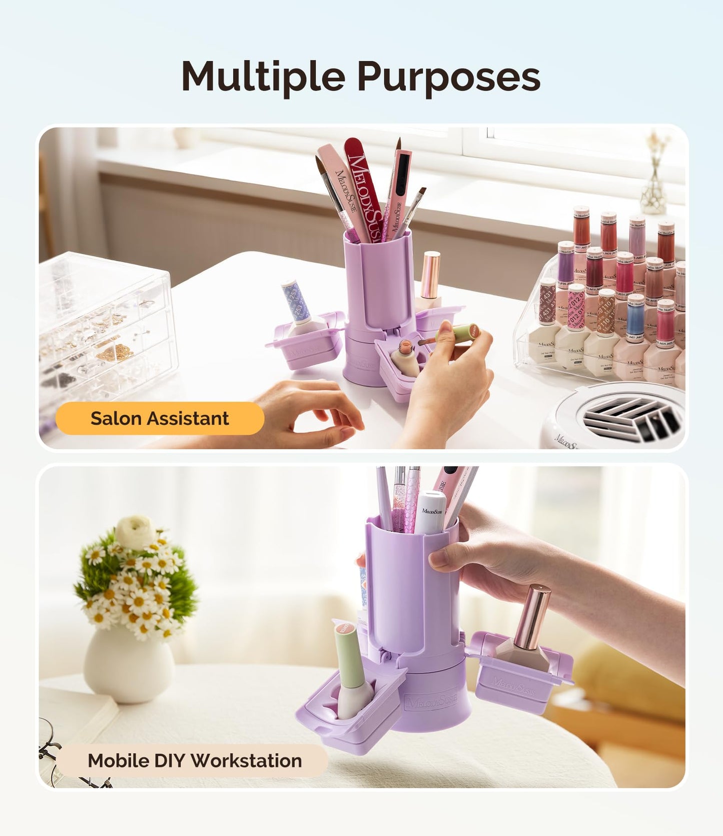 MelodySusie GelCarousel For Nail Polish Bottle Holder and Nail Art Tools Organizer, 360° Rotating Storage Container with 3Pcs Detachable Silcone Gel Polish Holder, Purple(Only Box)