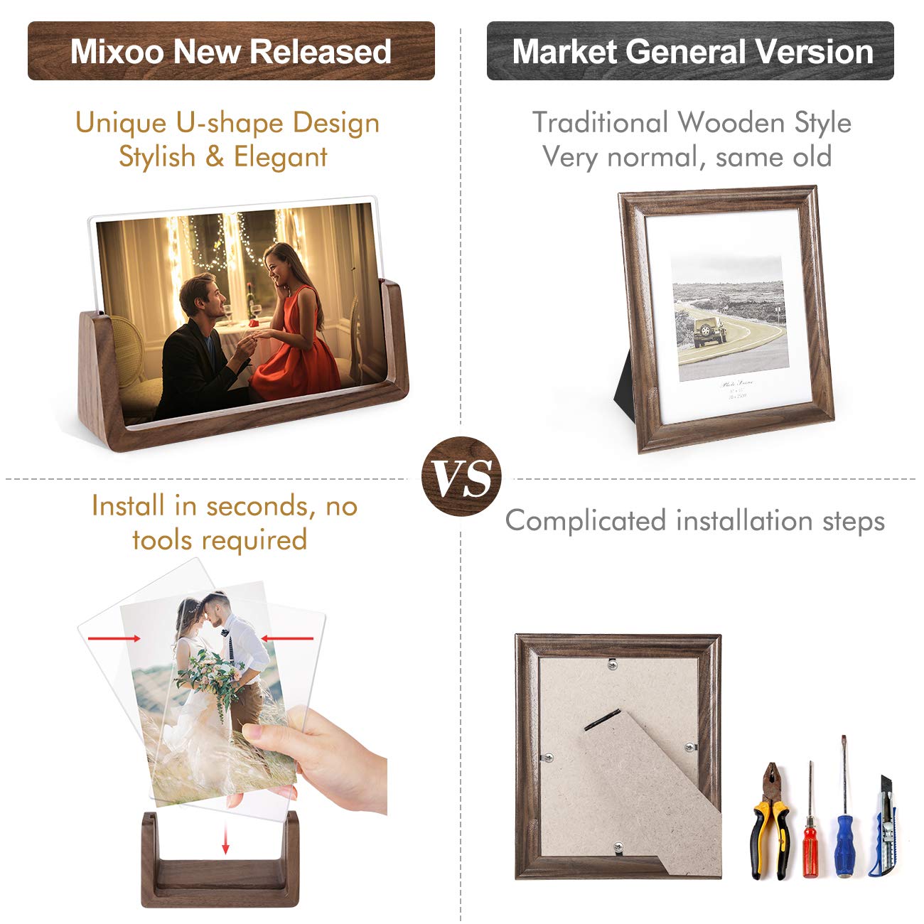 Mixoo 4x6 Picture Frame 2 Pack - Rustic Wooden Picture Frames with Walnut Wood Base and High Definition Break Free Acrylic Photo Covers for Tabletop or Desktop Display (Horizontal + Vertical)