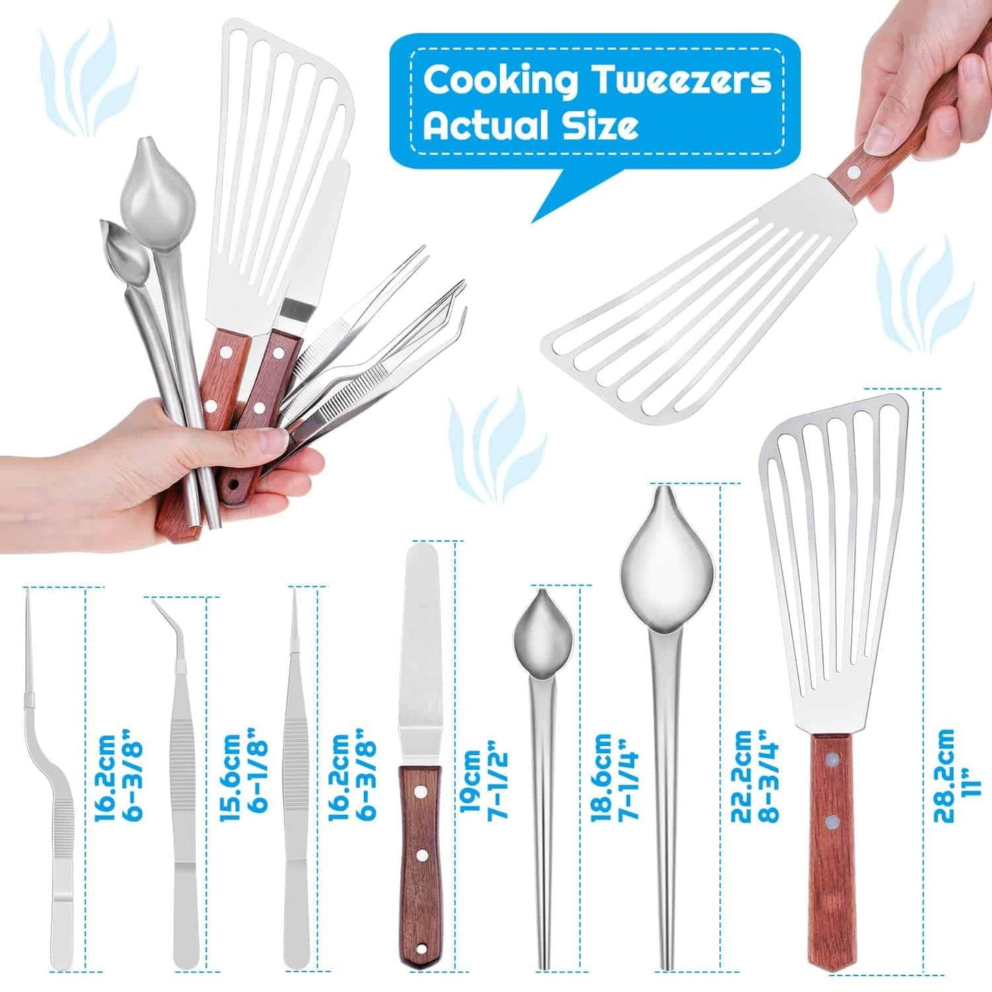 Cridoz 7 Pcs Stainless Steel Kitchen Cooking Plating Tweezers Tongs Drawing Spoons Offset Spatula and Fish Spatula for Food Culinary Plating Decorating