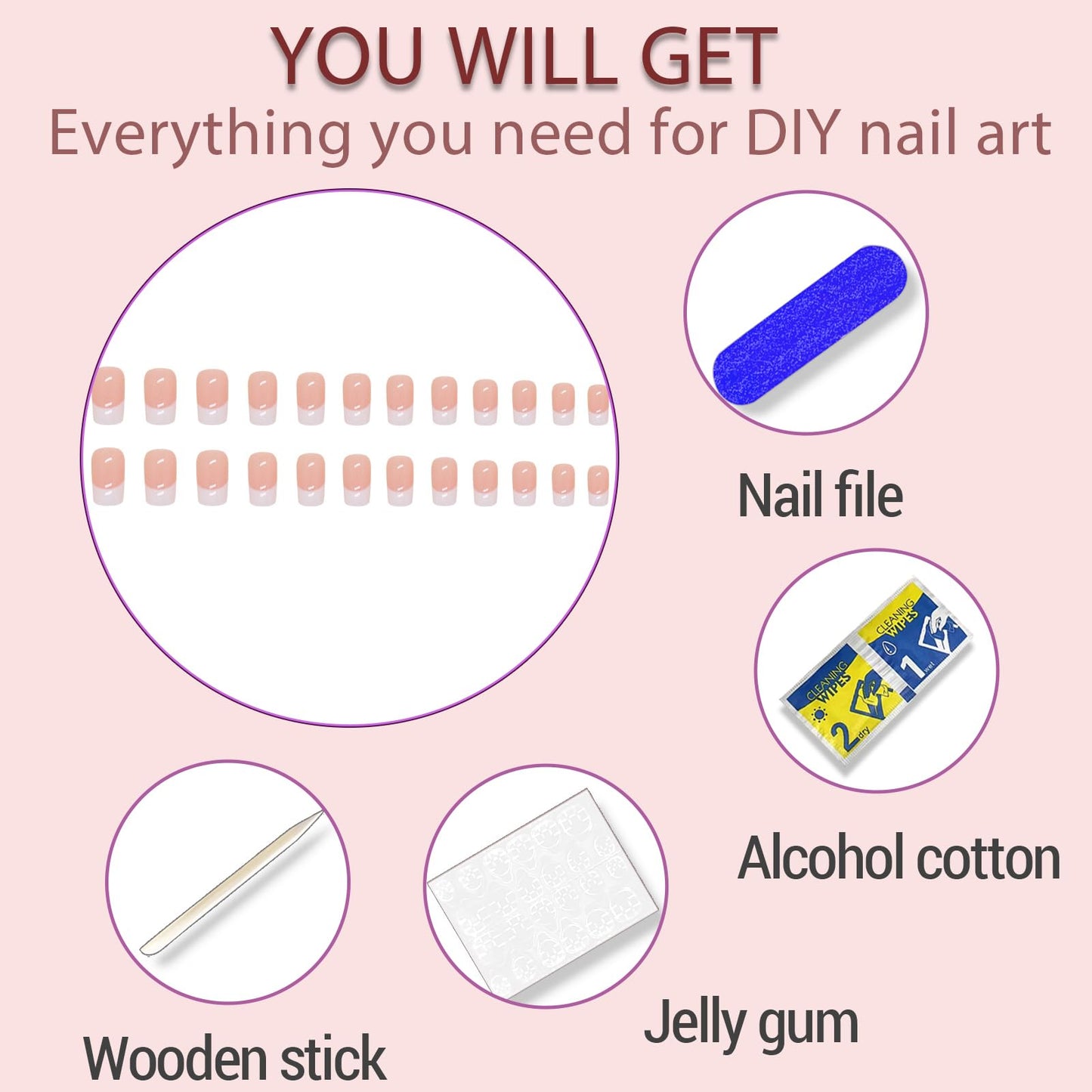 Acrylic Press on Nails Medium Square Fake Nails White French Tip False Nails with Gloss Designs Nails Press on Artificial Nails Stick on Nails for Women 24Pcs