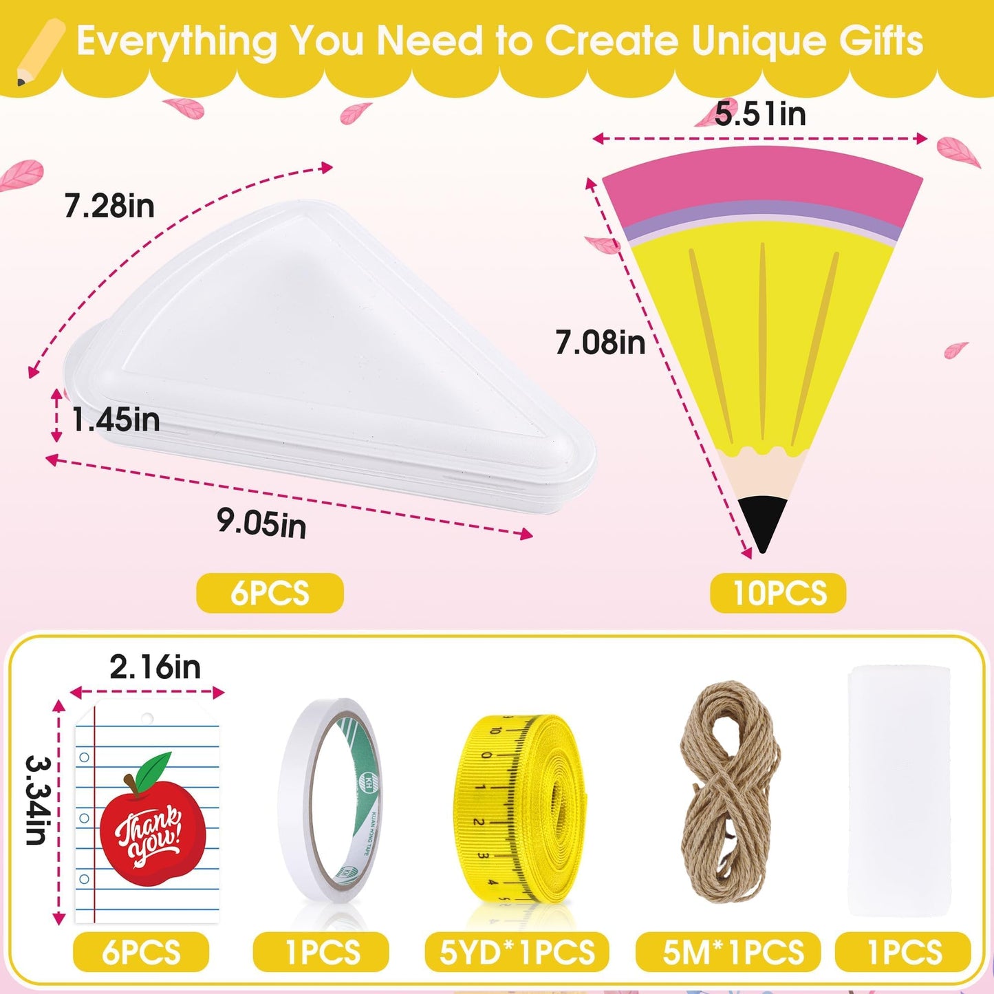 6 Set 9.05*7.28 in Large Teacher Appreciation Gifts Box with Apple Cards Ruler Ribbon Mesh, Reusable Pizza Storage Containers with Lids, Pencil Shaped Gift Box for Wrapping Teacher Appreciation
