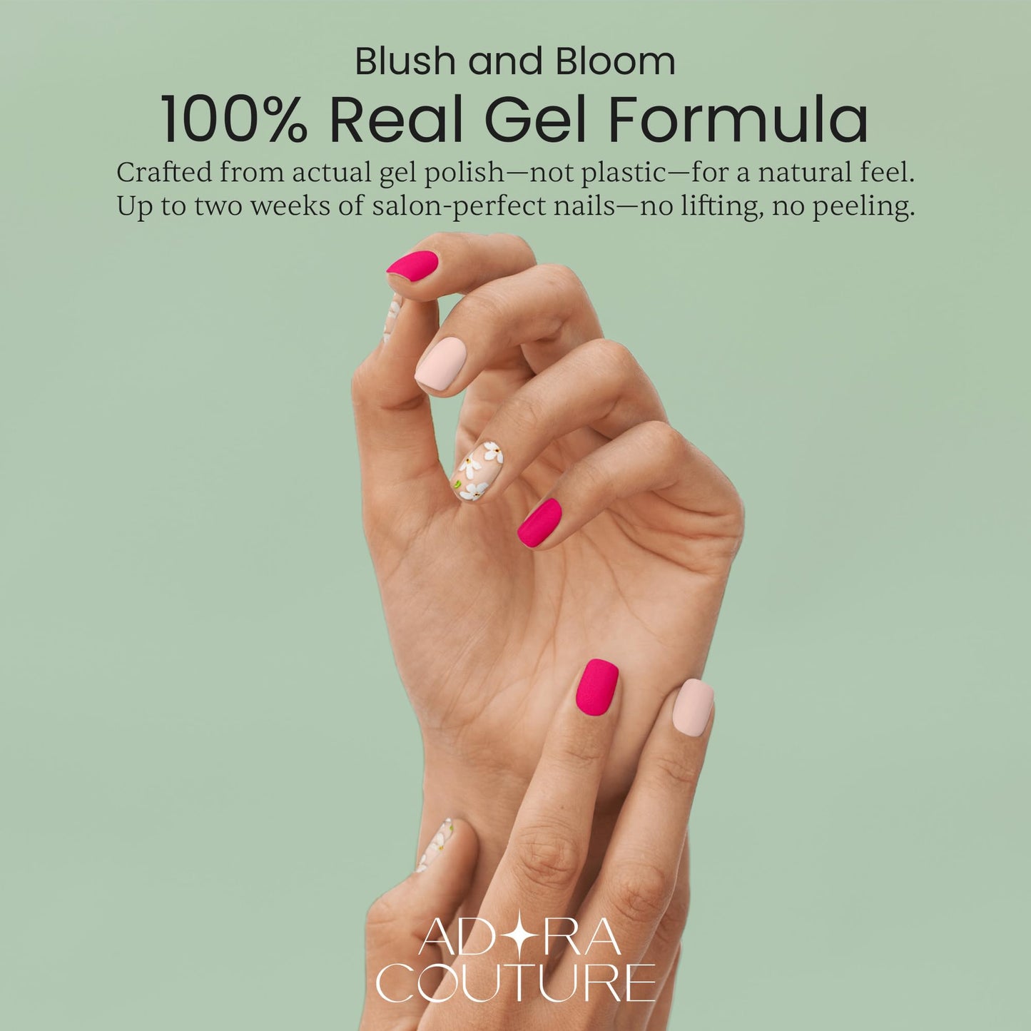 Adora Couture Semi-Cured Gel Nail Strips - 20 Salon-Quality Gel Sticker with UV Light Required, Long Lasting, Easy Application & Removal, Includes Prep Pad, Nail File, Wooden Stick – Blush and Bloom