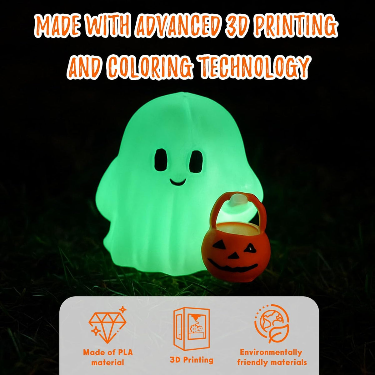 Halloween Decor Fluorescence Ghost Figurines Carrying Pumpkins – Mini Cute Resin Spooky Table Statue Halloween Festive Decoration for Holiday Bookshelf Terrace Bedroom Indoor Home Tabletop Gifts