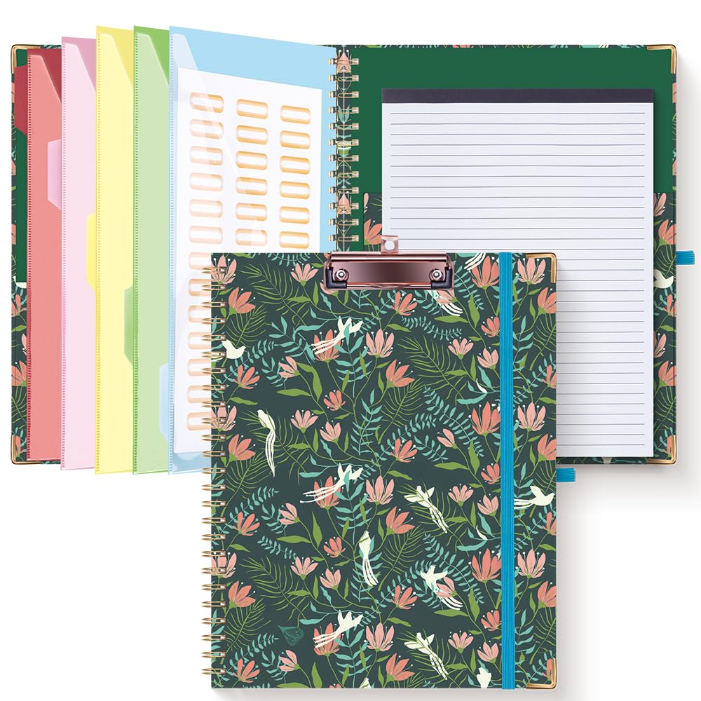 HAUTOCO Clipboard Folio with Refillable Notepad for Letter Size (11" x 8.5"), 5 Dividers with 10 Pockets, Elastic Pen Holder and File Folder Labels, Spiral Nurse Clipboard Artboard(Flower Bird)