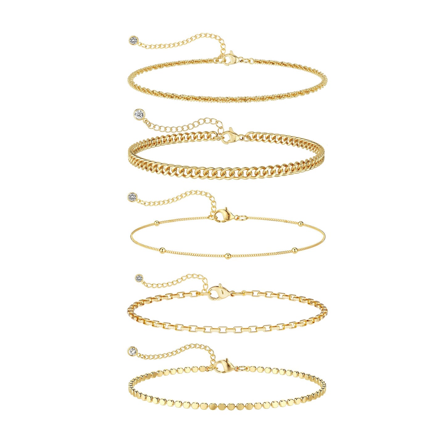 DEARMAY Gold Plated Chain Bracelets for Women Waterproof Dainty 14K Gold Jewelry Set Fashion Stackable Beaded Figaro Herringbone Link Bracelet Trendy Pack Stack Gifts