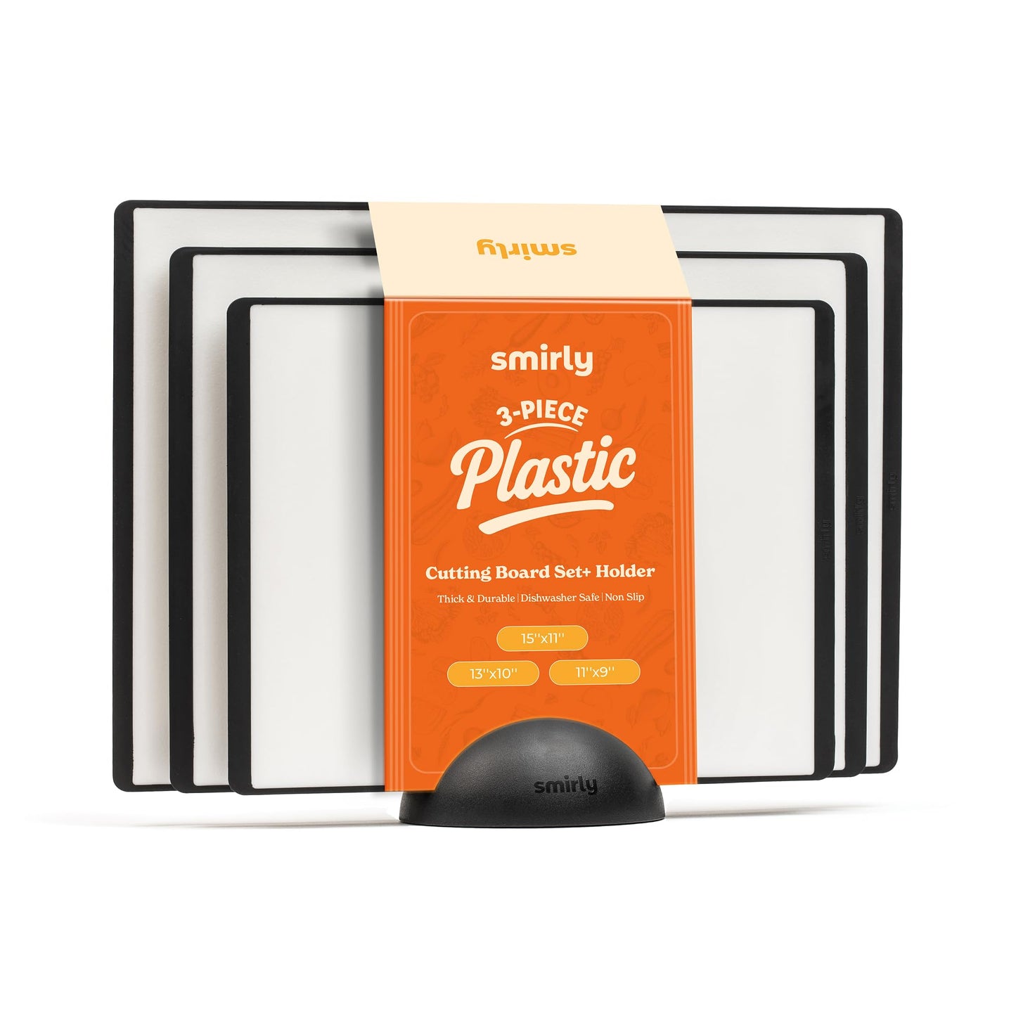 SMIRLY Plastic Cutting Board Set with Holder 3 Pieces, Non-Slip Dishwasher Safe Chopping Boards for Kitchen, Black & White