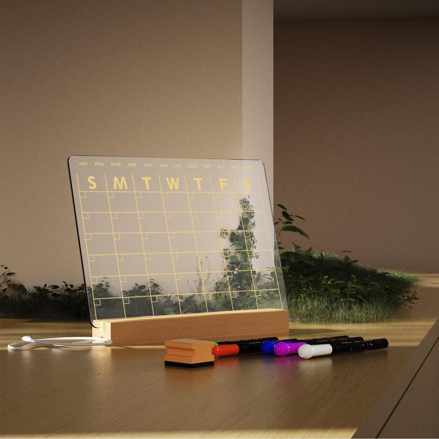 Light Up Clear Dry Erase Calendar 13 x 9 inch with 5 Markers, Acrylic Lighting Markable Calendar Board Agenda for Bedroom/Office/Home/Kitchen