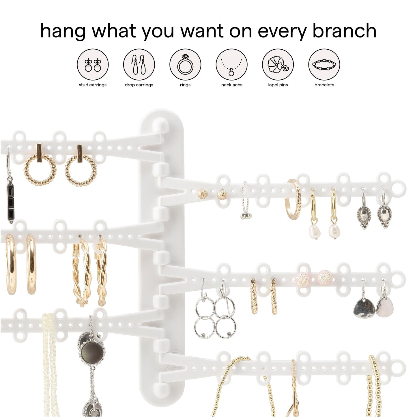 All Hung Up 6-Tier 6" Wall Jewelry Organizer, Command Strips included for Easy Hanging, 120 Hole Earring Organizer, Necklace Organizer, Bracelet Holder, Ring Holder, Rotating Branches (White 6-TIer)