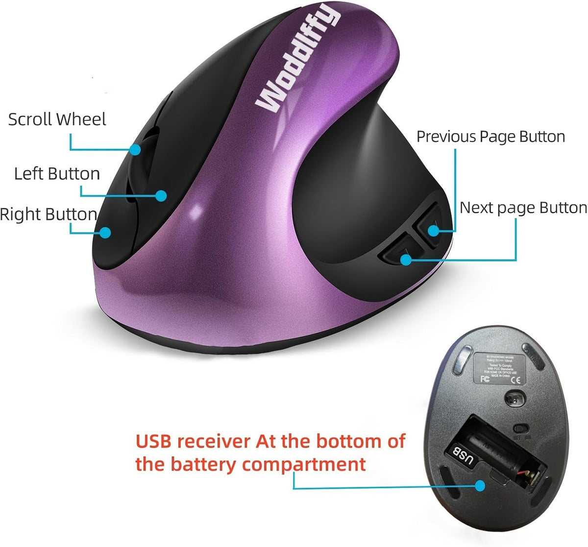 Ergonomic Mouse Wireless, Vertical Mouse Right Handed Small Mouse with 6 Buttons 1000/1200/1600 for Laptop,Desktop,PC, MacBook（Purple AA）