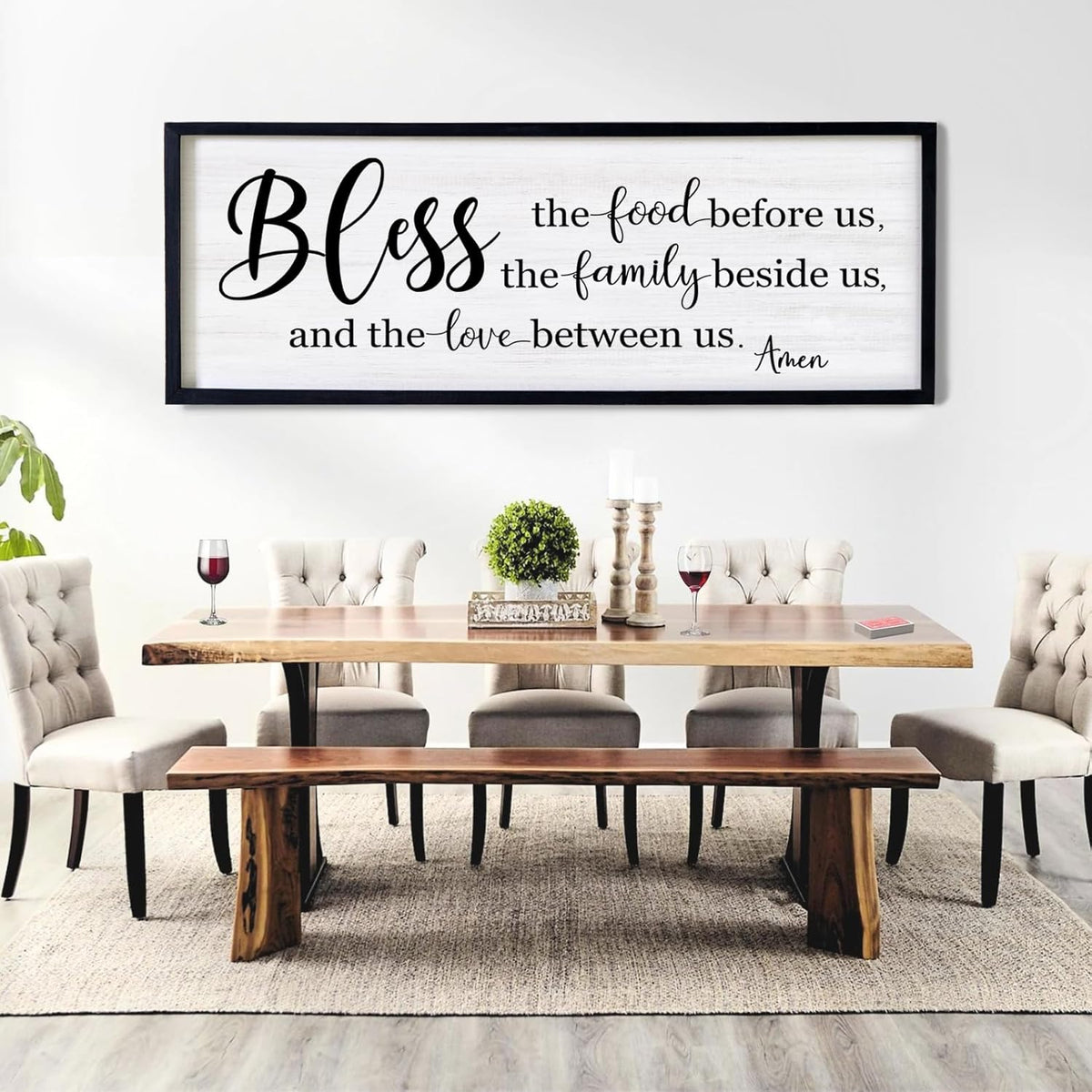 Bless the Food Before Us, the Family Beside Us, and the Love between us Framed Wall Art for Dining Room, 40''×15'' Holy Positive Religious Rustic Bible Verse for Christian God Jesus Christ Prayer