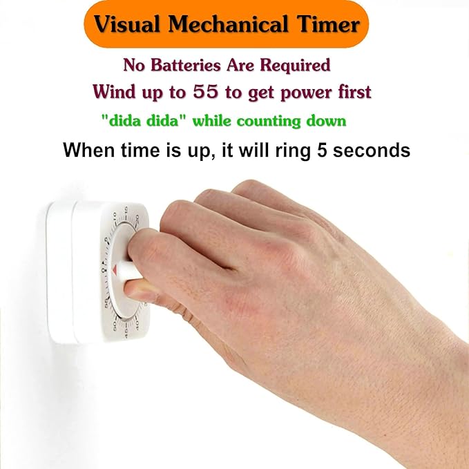 Square 60 Minute Mechanical Kitchen Timer - Visual Kitchen Cooking Timer Clock with Loud Alarm - No Batteries Required-Manual Countdown Timer for Classroom, Home, Study and Cooking (White)